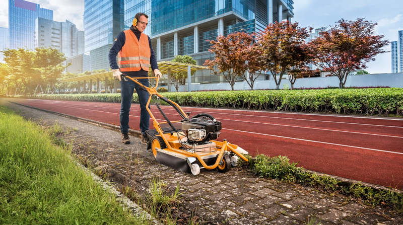 AS Wildkrautbürste AS 50 WEEDHEX Wildkrautbürste AS 50 WEEDHEX, Mann reinigt Pflastersteine an einem Sportplatz