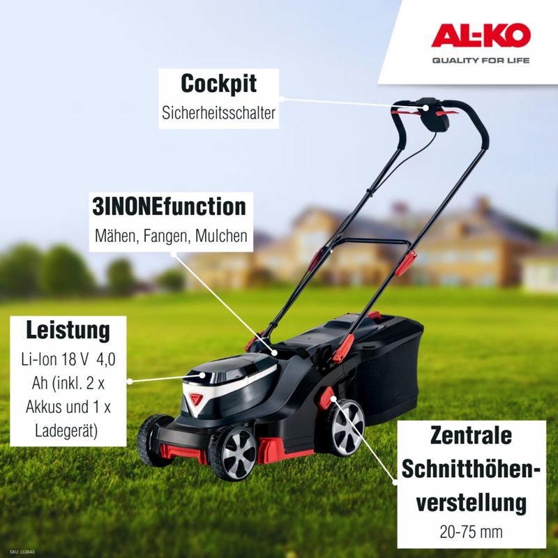 AL-KO 18 V Akku-Rasenmäher 38.2 Li – Google Platz 1 AL-KO 18 V Akku-Rasenmäher 38.2 Li Comfort inkl. 2 Akkus und Ladegerät