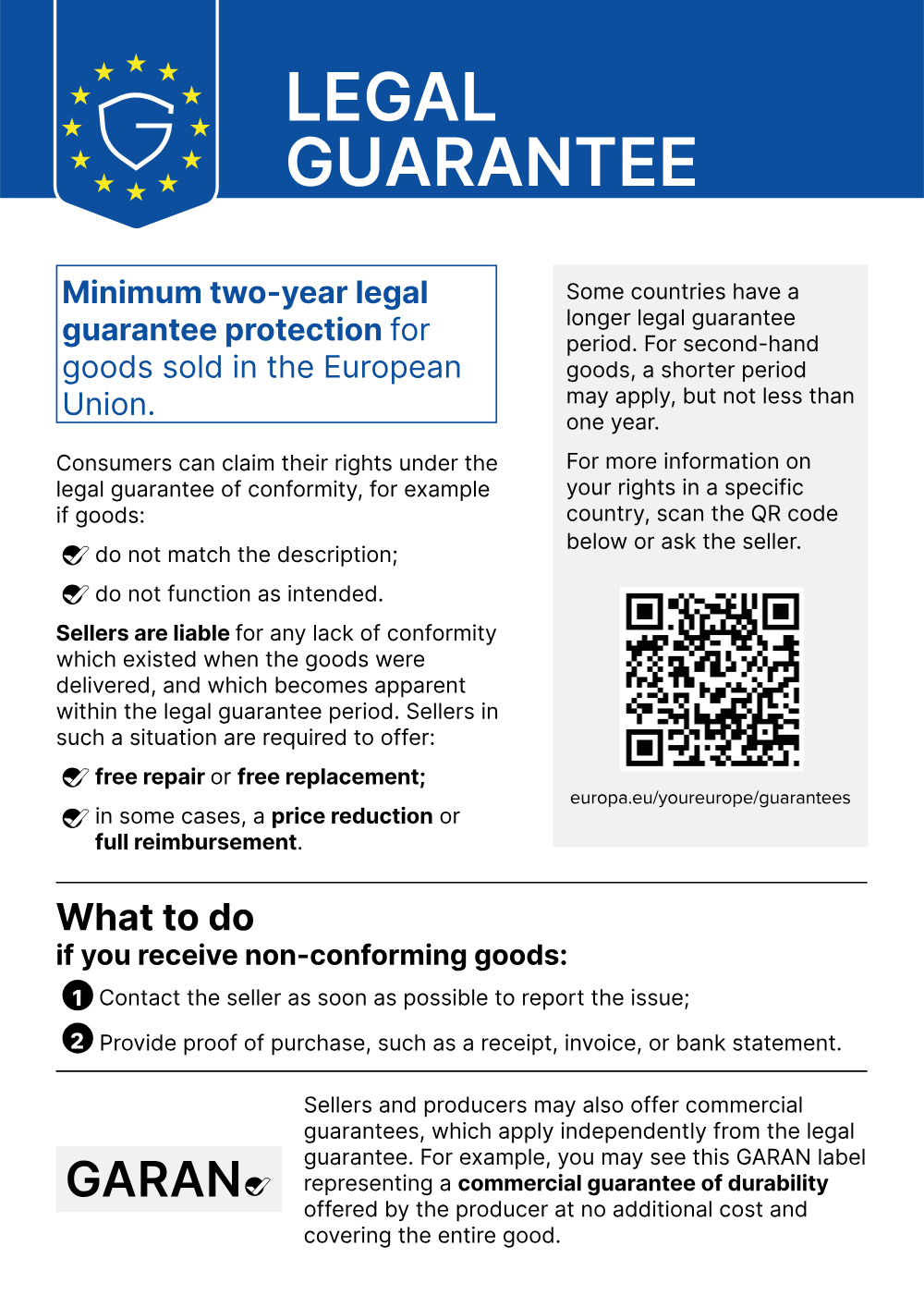 EU notice “Legal guarantee”: minimum two-year legal guarantee protection for goods sold in the European Union.