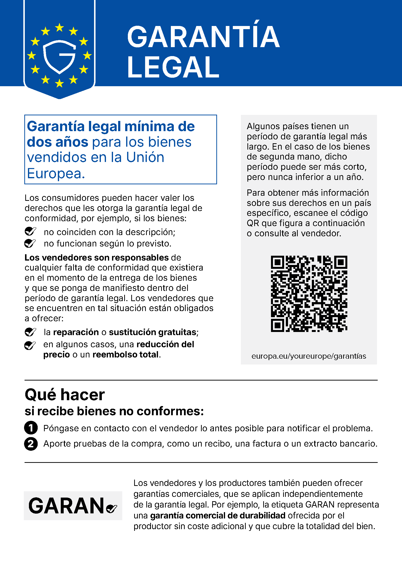 Aviso de la UE «Garantía legal»: garantía legal mínima de dos años para los bienes vendidos en la Unión Europea.