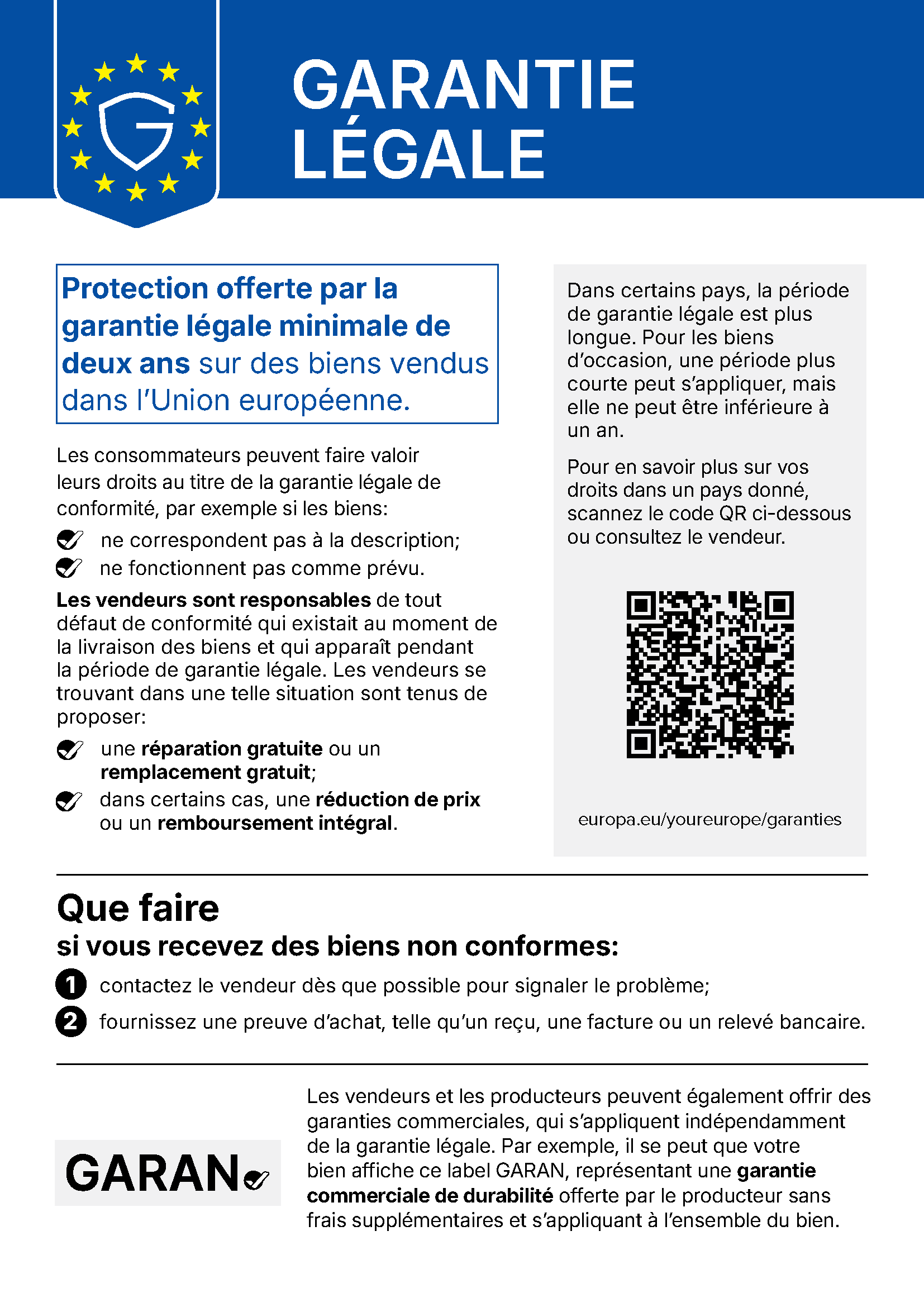 Avis de l’UE « Garantie légale » : protection offerte par la garantie légale minimale de deux ans sur des biens vendus dans l’Union européenne.