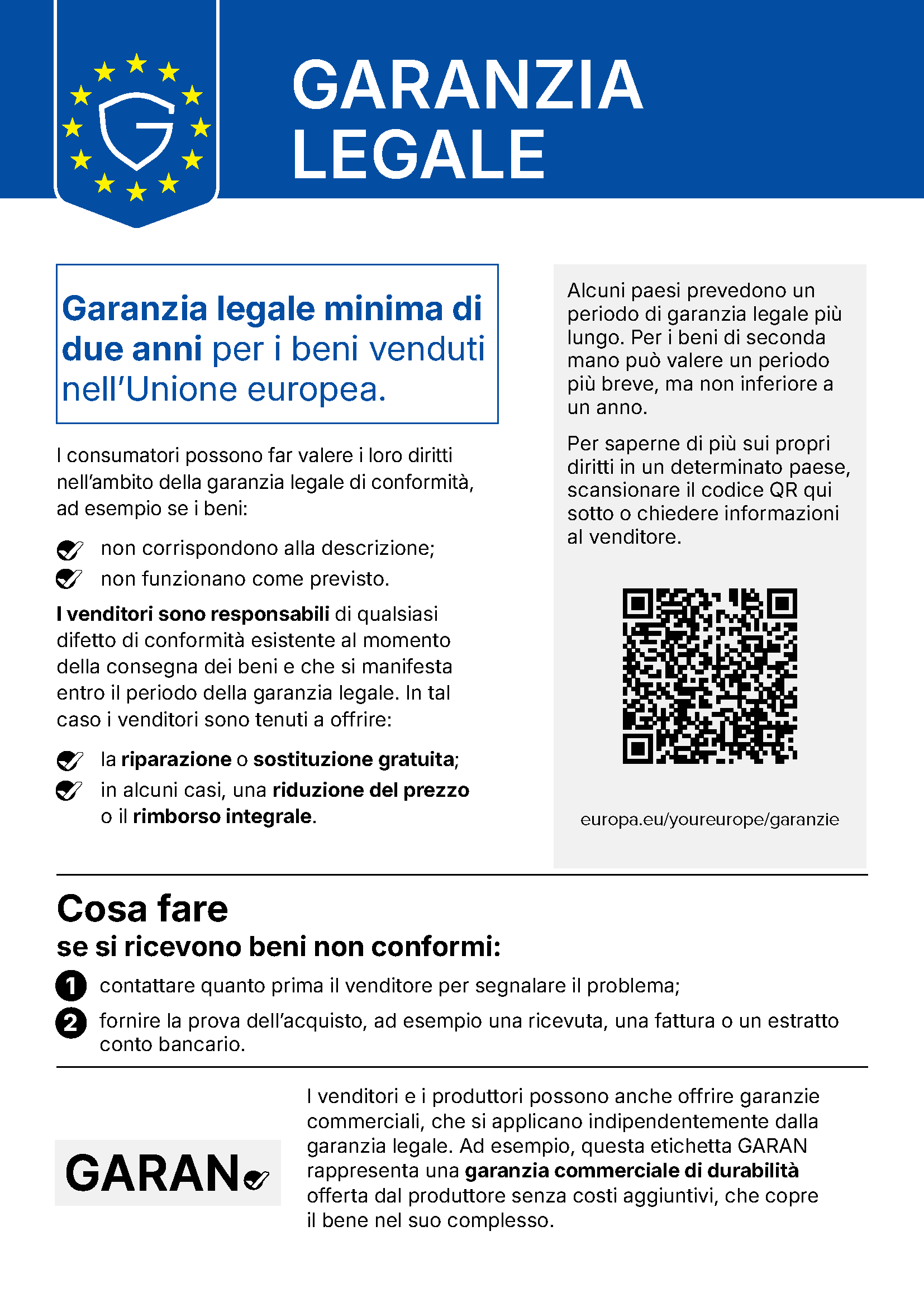 Avviso UE «Garanzia legale»: garanzia legale minima di due anni per i beni venduti nell’Unione europea.