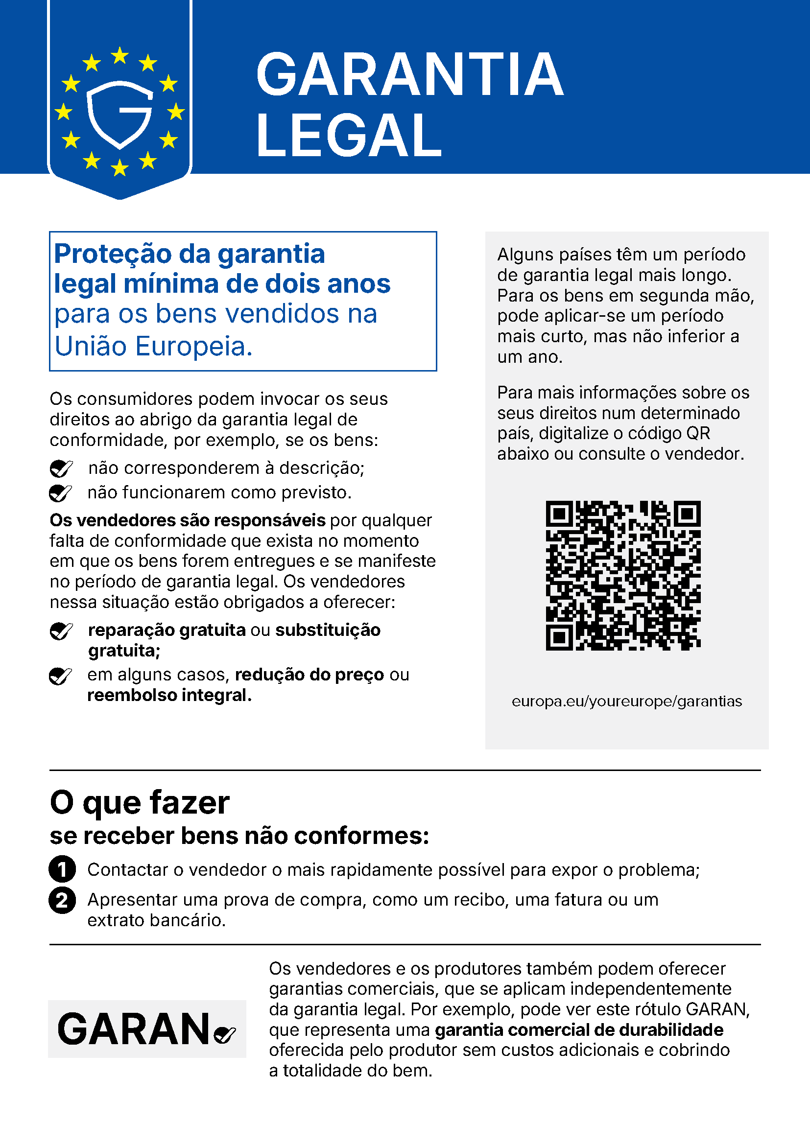Aviso da UE «Garantia legal»: proteção da garantia legal mínima de dois anos para os bens vendidos na União Europeia.