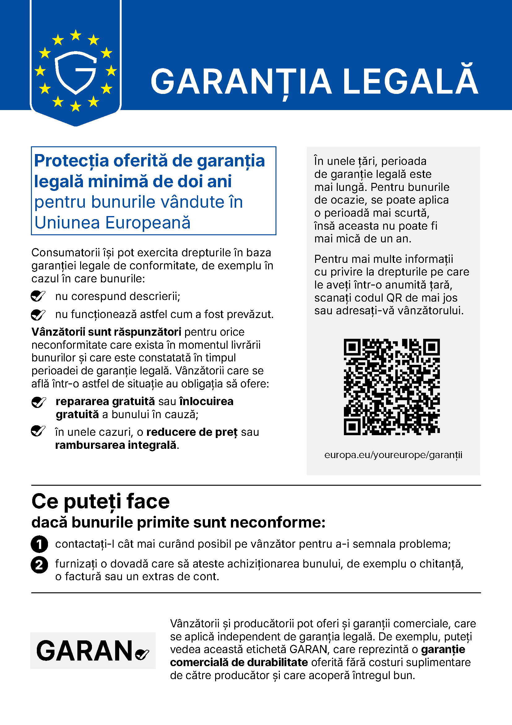 Informare UE „Garanția legală”: protecția oferită de garanția legală minimă de doi ani pentru bunurile vândute în Uniunea Europeană.