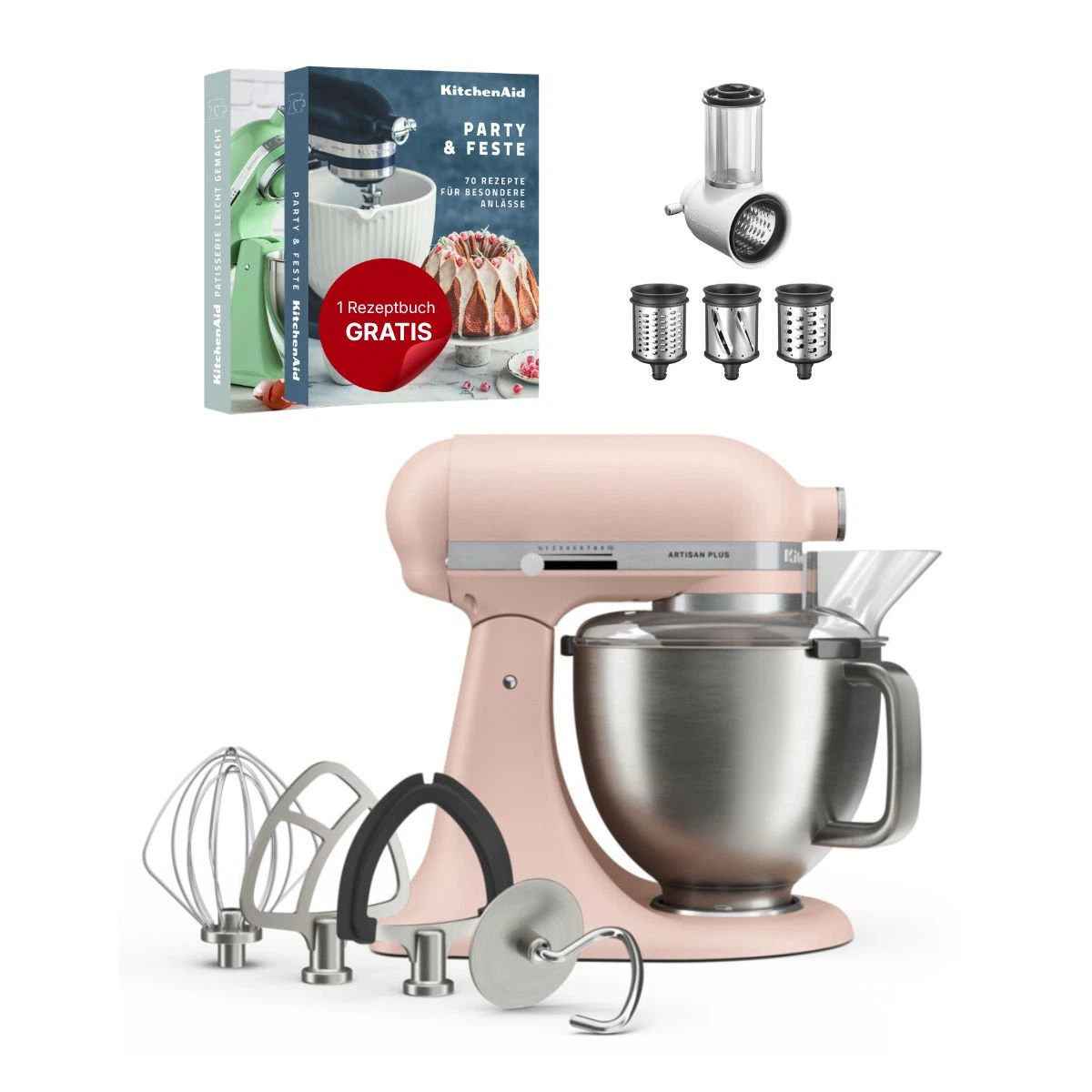 KitchenAid 4,7 L 5KSM50 Artisan Plus Küchenmaschine Beginnerset mit Gemüseschneider-Feather Pink