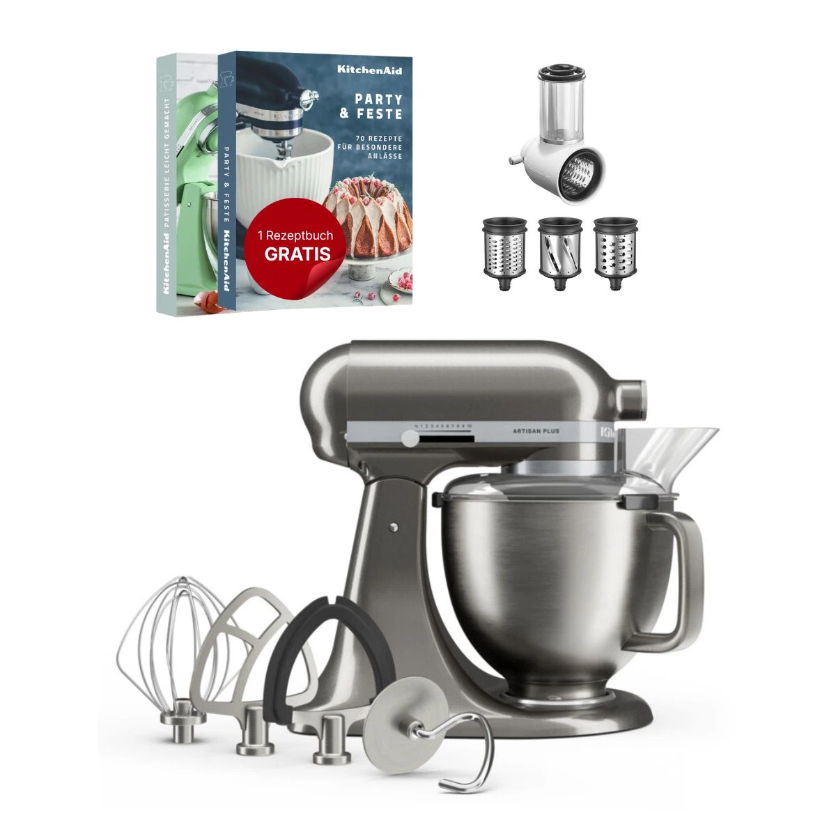 KitchenAid 4,7 L 5KSM50 Artisan Plus Küchenmaschine Beginnerset mit Gemüseschneider-Medaillon Silber
