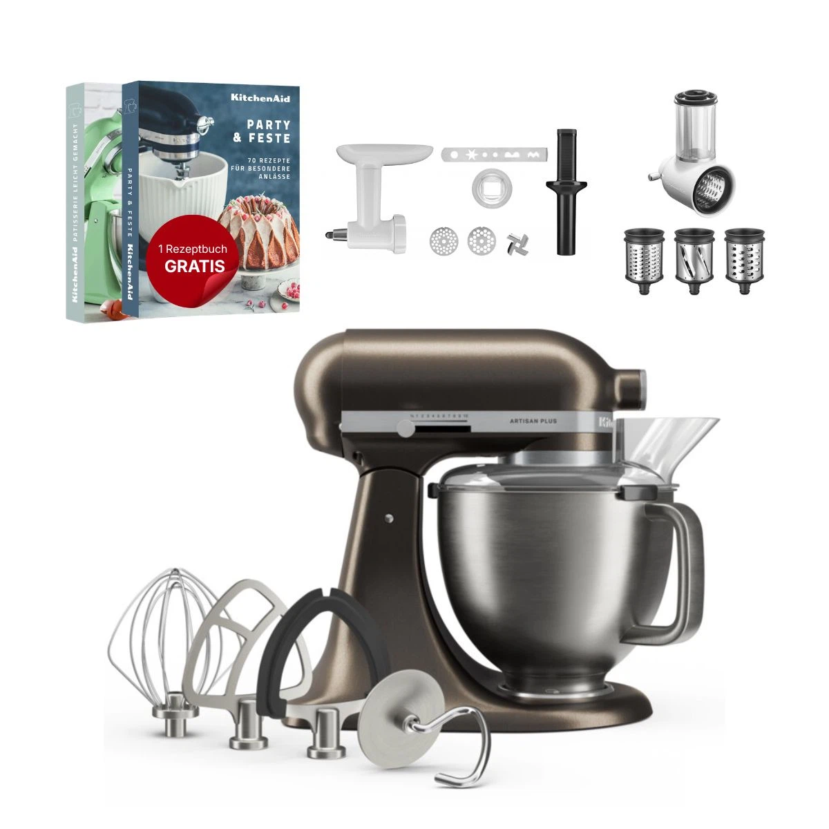 KitchenAid 4,8 L 5KSM50 Artisan Plus Küchenmaschine Allrounderset mit Gemüseschneider + Fleischwolf + Spritzgebäckvorsatz-Iron ore (Bronze)