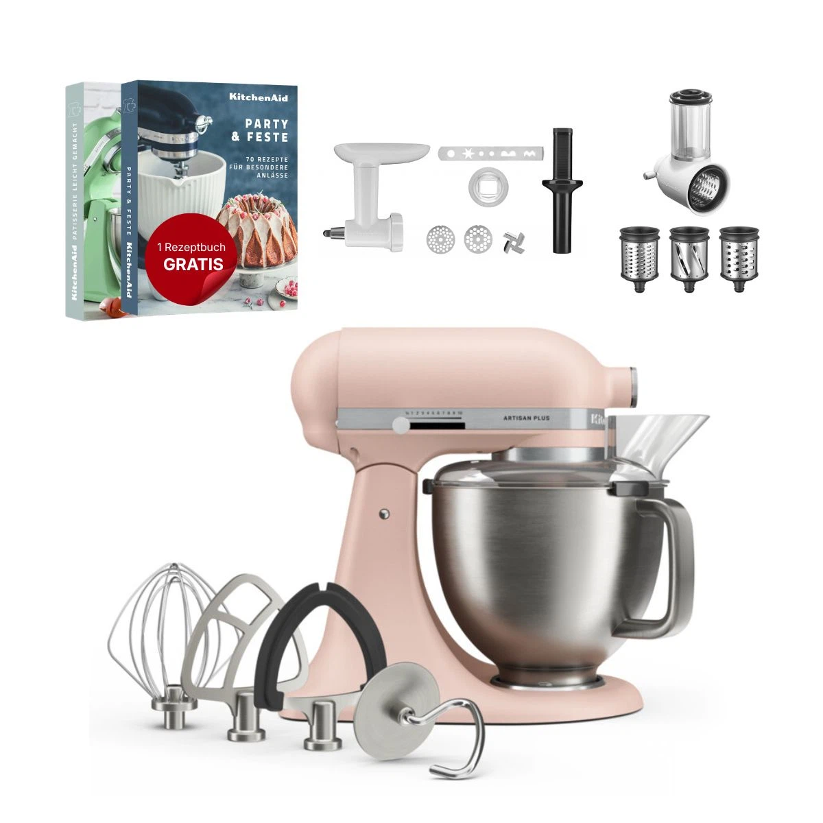 KitchenAid 4,8 L 5KSM50 Artisan Plus Küchenmaschine Allrounderset mit Gemüseschneider + Fleischwolf + Spritzgebäckvorsatz-Feather Pink