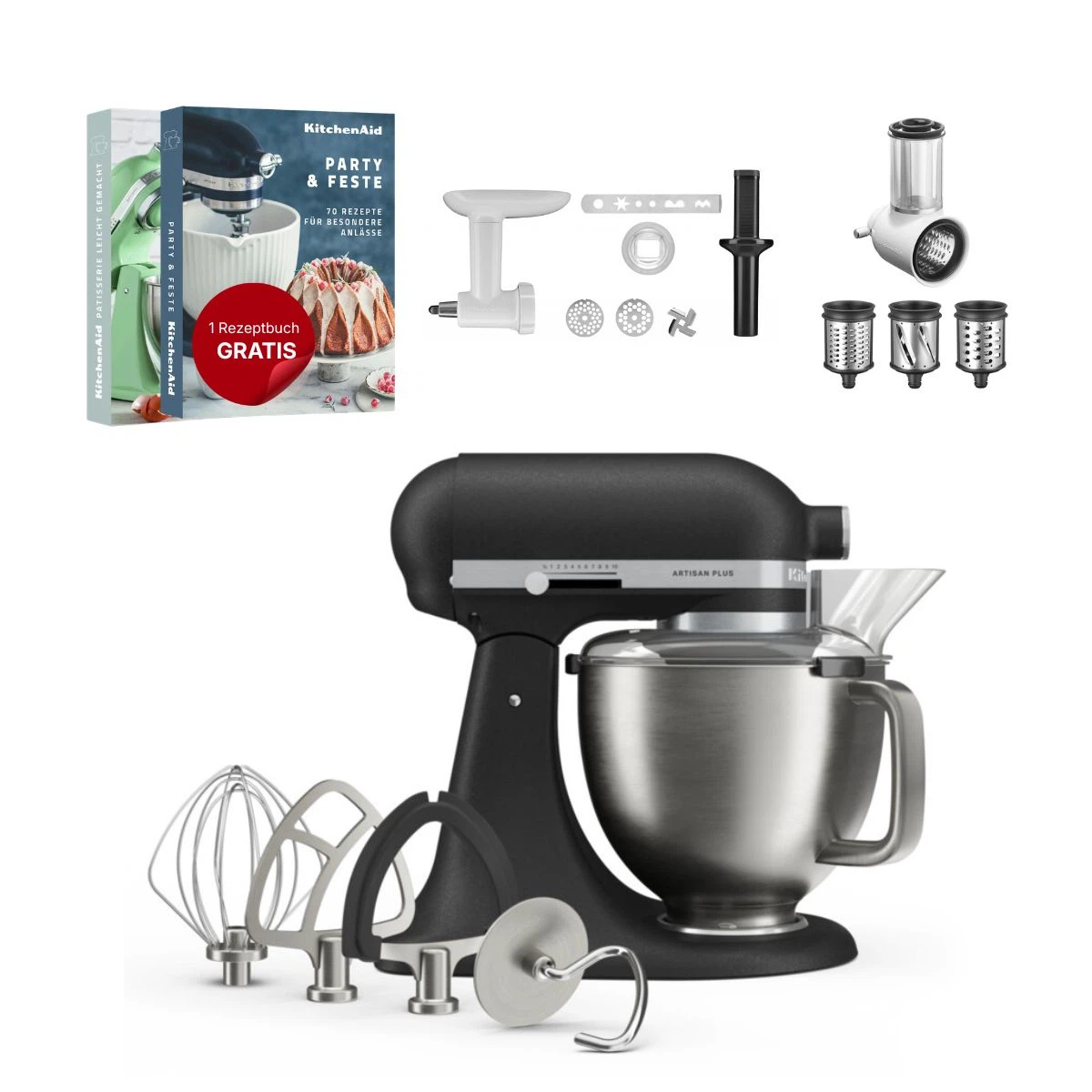 KitchenAid 4,8 L 5KSM50 Artisan Plus Küchenmaschine Allrounderset mit Gemüseschneider + Fleischwolf + Spritzgebäckvorsatz-Gusseisen Schwarz
