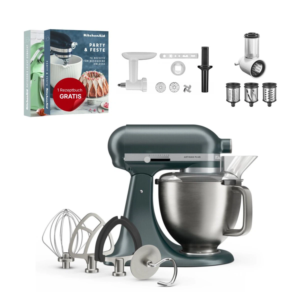 KitchenAid 4,8 L 5KSM50 Artisan Plus Küchenmaschine Allrounderset mit Gemüseschneider + Fleischwolf + Spritzgebäckvorsatz-Juniper (Wacholder)
