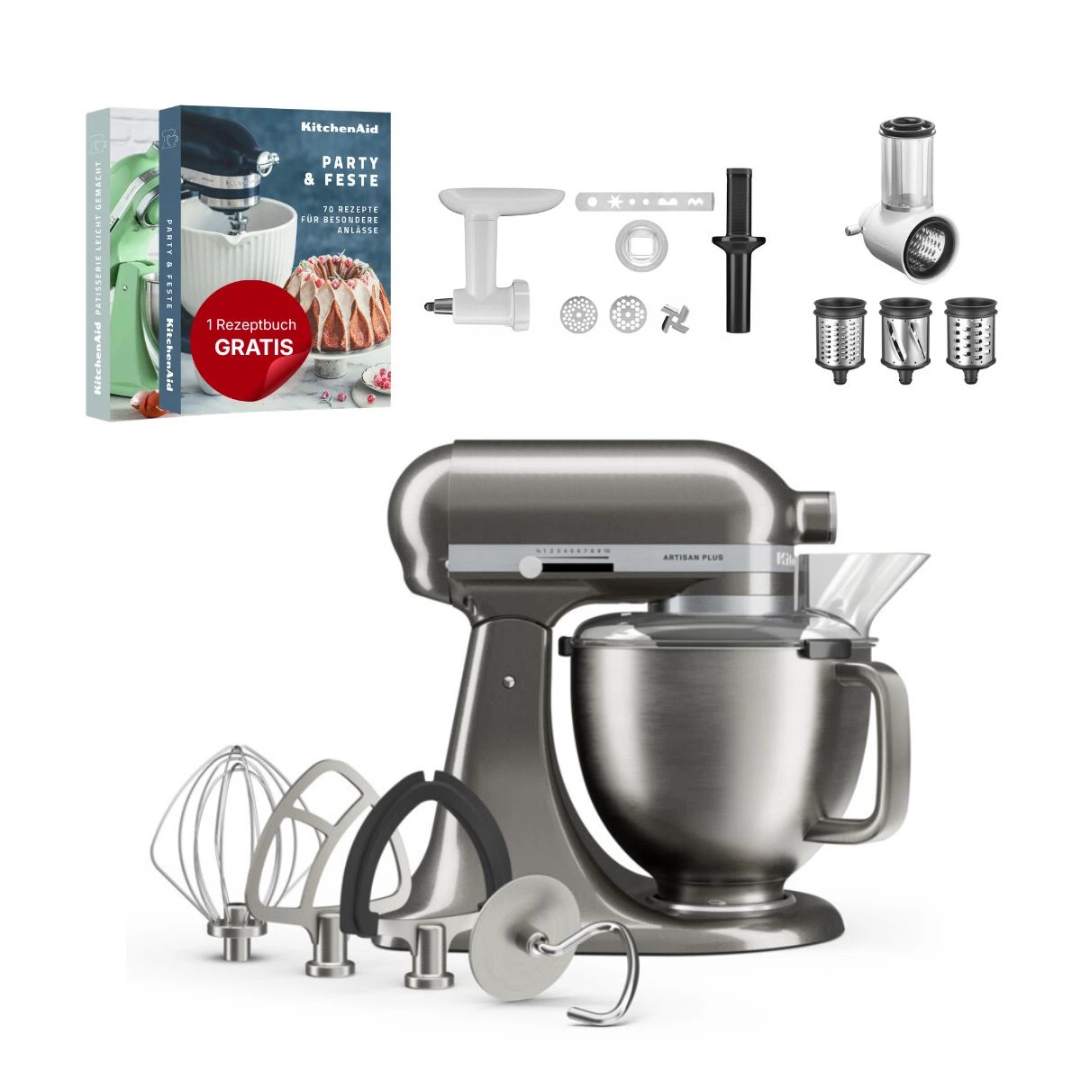 KitchenAid 4,8 L 5KSM50 Artisan Plus Küchenmaschine Allrounderset mit Gemüseschneider + Fleischwolf + Spritzgebäckvorsatz-Medaillon Silber