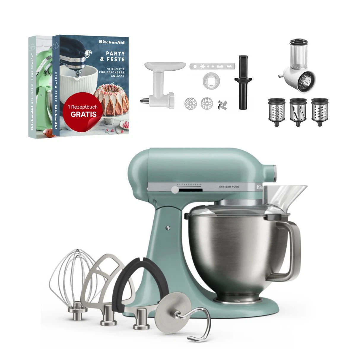 KitchenAid 4,8 L 5KSM50 Artisan Plus Küchenmaschine Allrounderset mit Gemüseschneider + Fleischwolf + Spritzgebäckvorsatz-Mint Julep