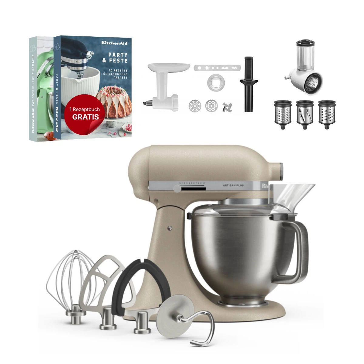 KitchenAid 4,8 L 5KSM50 Artisan Plus Küchenmaschine Allrounderset mit Gemüseschneider + Fleischwolf + Spritzgebäckvorsatz-Oat (Hafer)