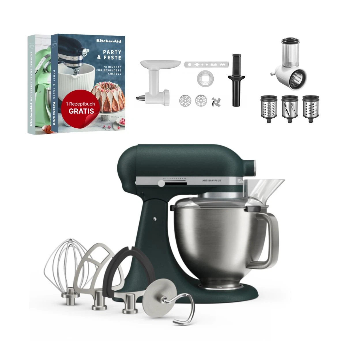 KitchenAid 4,8 L 5KSM50 Artisan Plus Küchenmaschine Allrounderset mit Gemüseschneider + Fleischwolf + Spritzgebäckvorsatz-Pebbled Palm