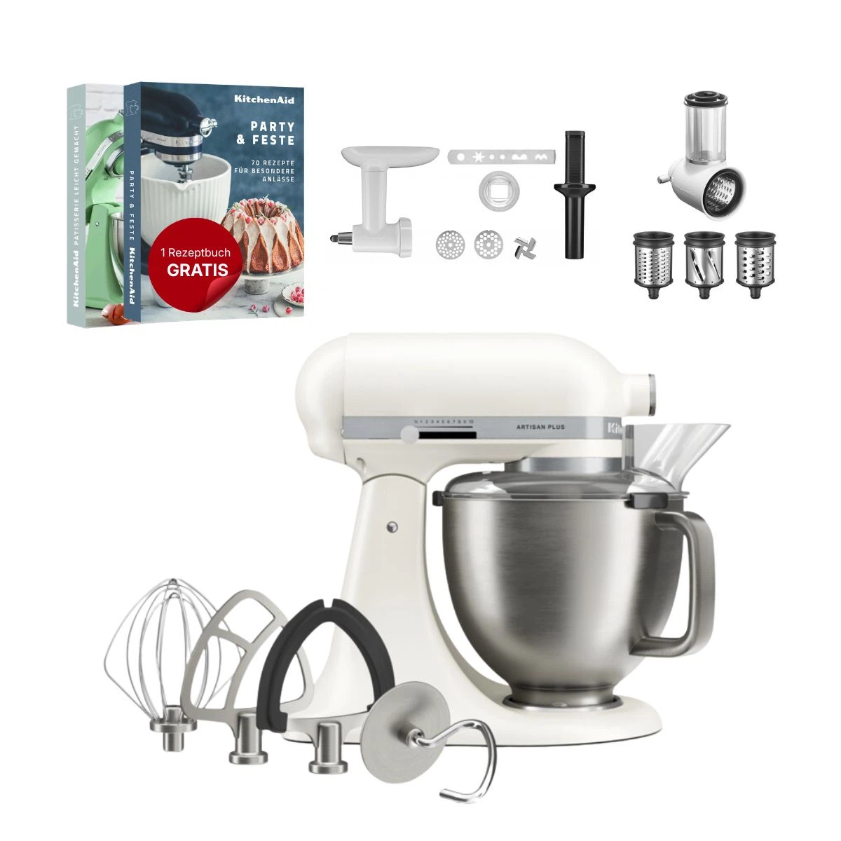 KitchenAid 4,8 L 5KSM50 Artisan Plus Küchenmaschine Allrounderset mit Gemüseschneider + Fleischwolf + Spritzgebäckvorsatz-Porcelain White