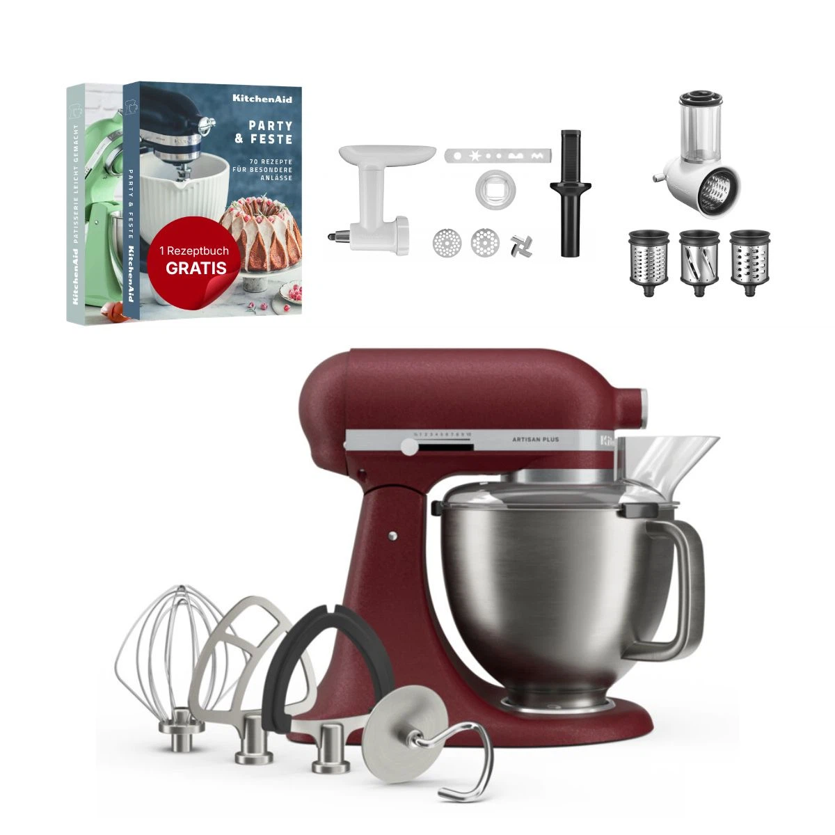 KitchenAid 4,8 L 5KSM50 Artisan Plus Küchenmaschine Allrounderset mit Gemüseschneider + Fleischwolf + Spritzgebäckvorsatz-Sun dried tomato (Getrocknete Tomate)