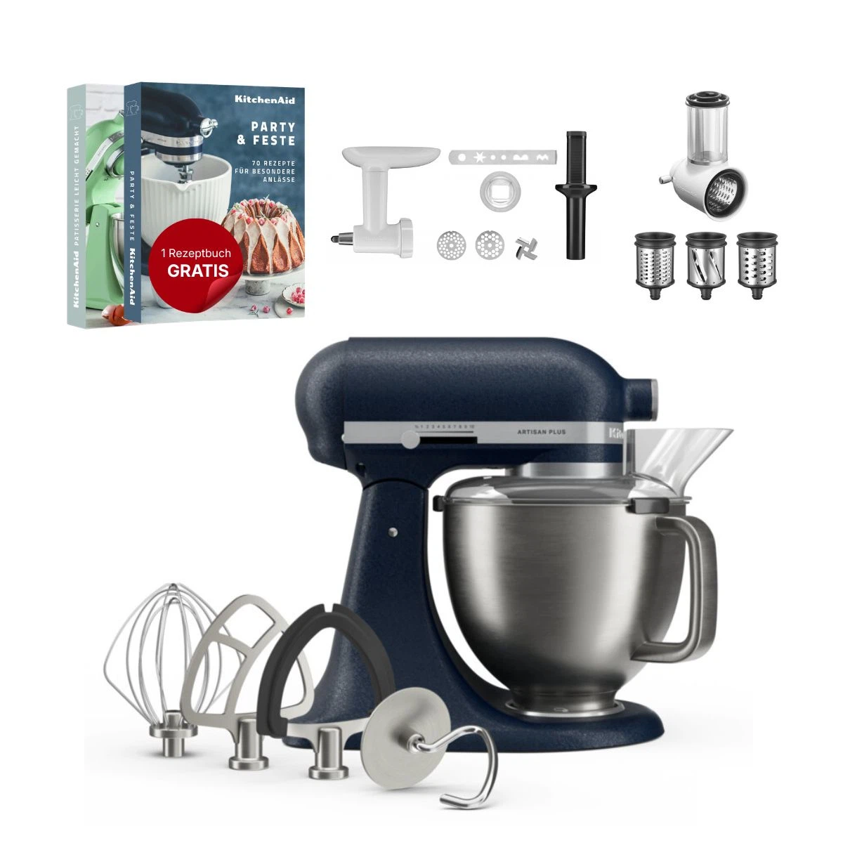 KitchenAid 4,8 L 5KSM50 Artisan Plus Küchenmaschine Allrounderset mit Gemüseschneider + Fleischwolf + Spritzgebäckvorsatz-Wild Blueberry (Wilde Blaubeere)