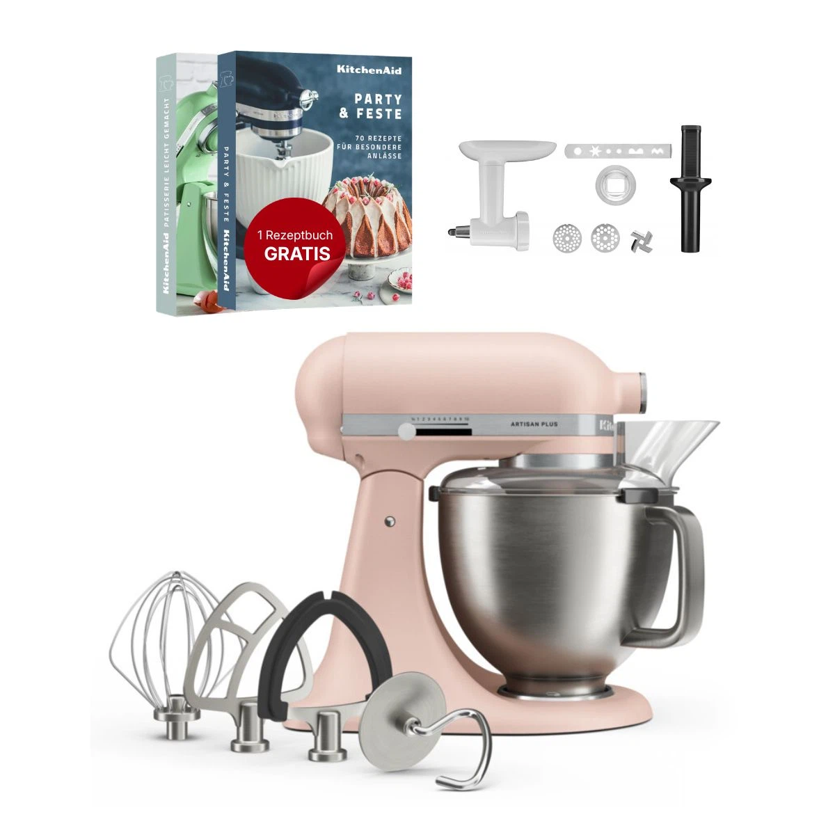 KitchenAid 4,7 L 5KSM50 Artisan Plus Küchenmaschine Cookielover mit Fleischwolf + Spritzgebäckvorsatz-Feather Pink