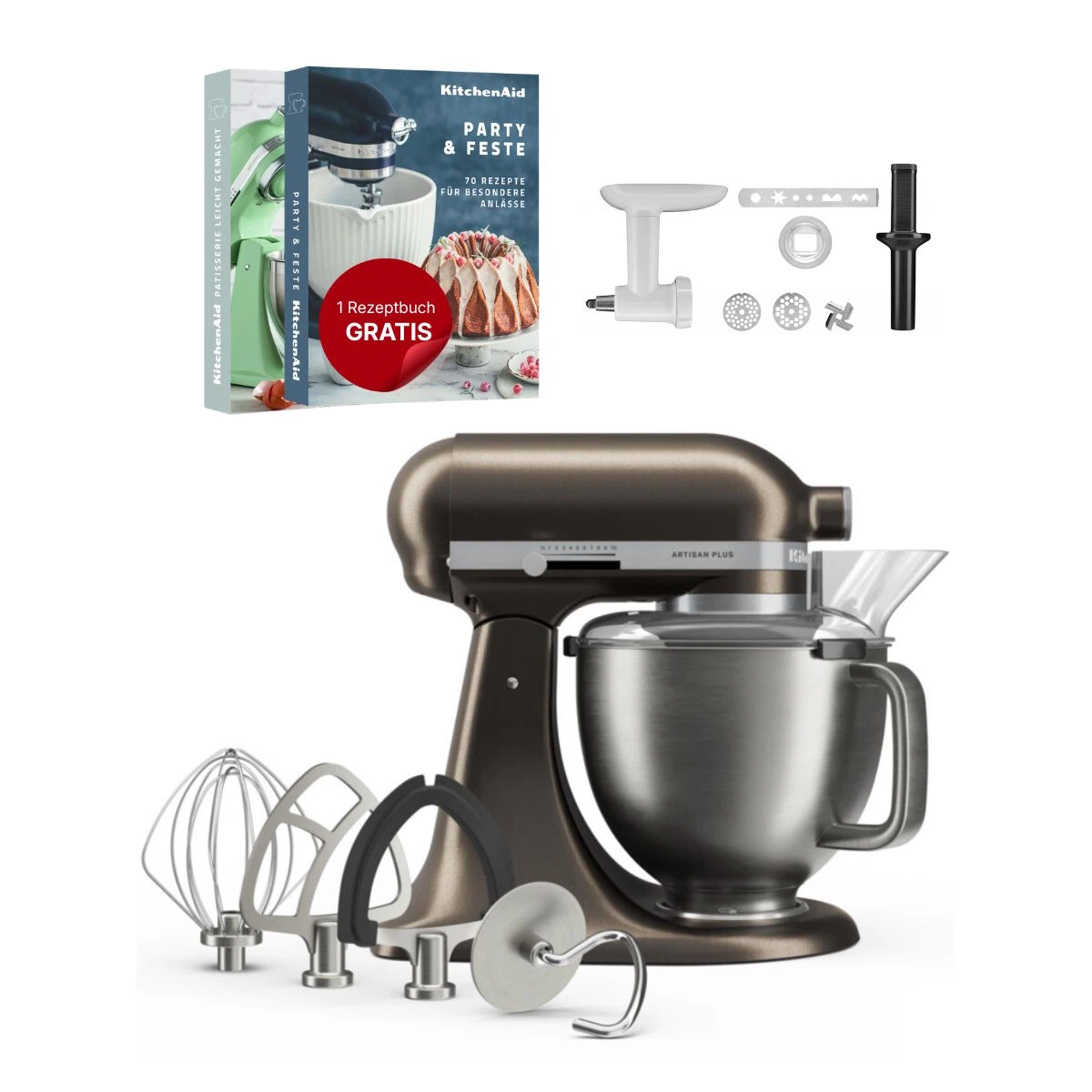 KitchenAid 4,7 L 5KSM50 Artisan Plus Küchenmaschine Cookielover mit Fleischwolf + Spritzgebäckvorsatz-Iron ore (Bronze)