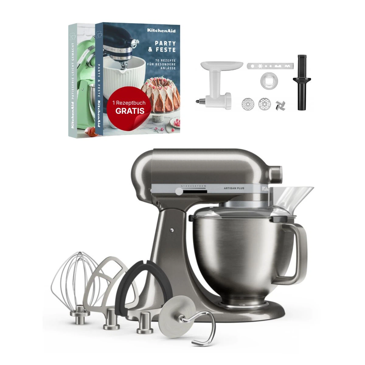KitchenAid 4,7 L 5KSM50 Artisan Plus Küchenmaschine Cookielover mit Fleischwolf + Spritzgebäckvorsatz-Medaillon Silber