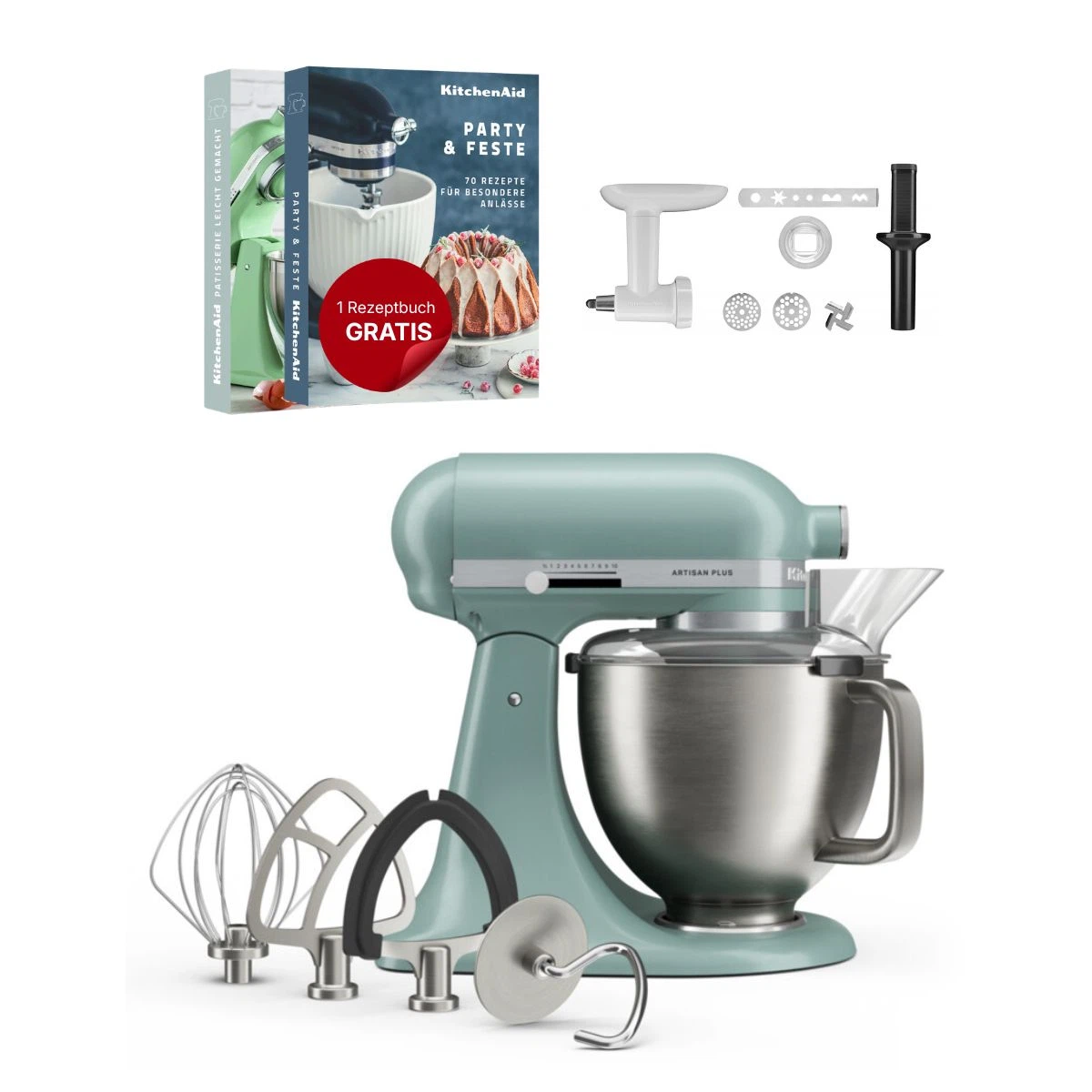 KitchenAid 4,7 L 5KSM50 Artisan Plus Küchenmaschine Cookielover mit Fleischwolf + Spritzgebäckvorsatz-Mint Julep
