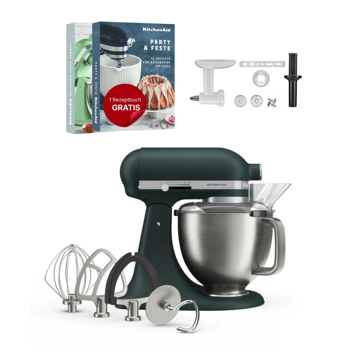 KitchenAid 4,7 L 5KSM50 Artisan Plus Küchenmaschine Cookielover mit Fleischwolf + Spritzgebäckvorsatz-Pebbled Palm