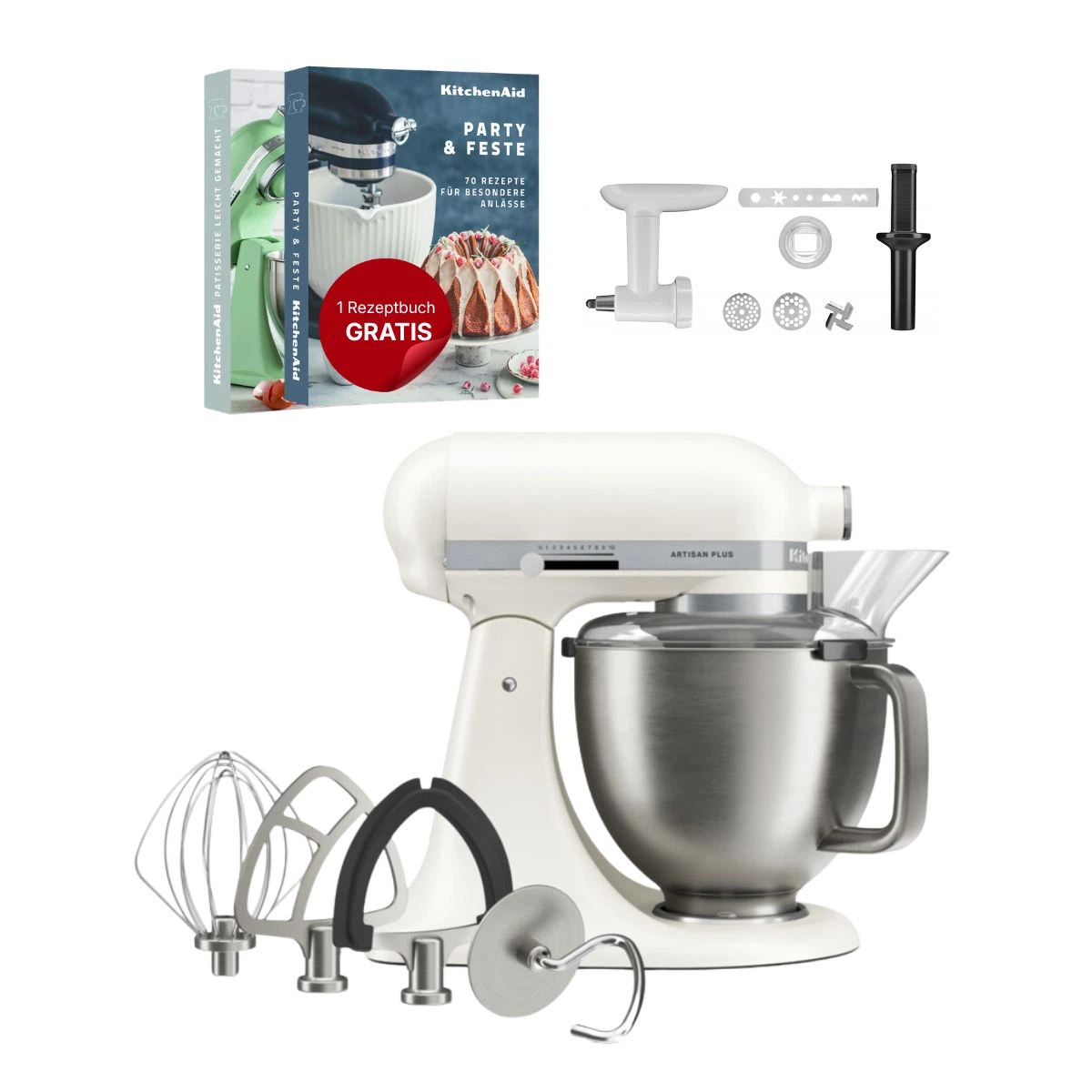 KitchenAid 4,8 L 5KSM50 Artisan Plus Küchenmaschine Cookielover mit Fleischwolf + Spritzgebäckvorsatz-Porcelain White