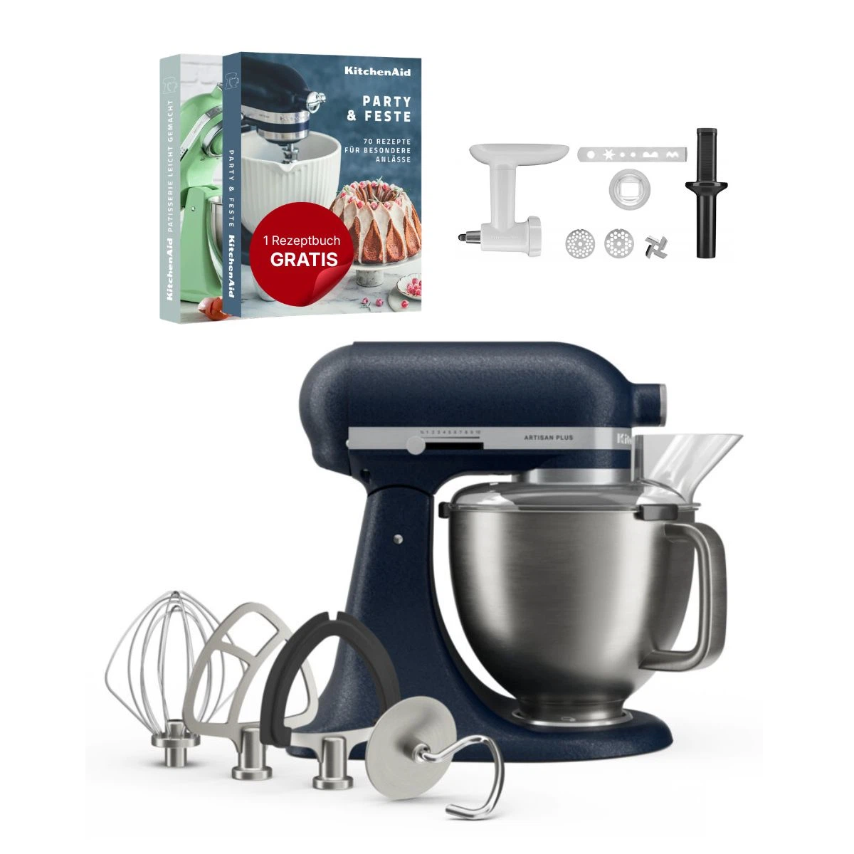 KitchenAid 4,7 L 5KSM50 Artisan Plus Küchenmaschine Cookielover mit Fleischwolf + Spritzgebäckvorsatz-Wild Blueberry (Wilde Blaubeere)
