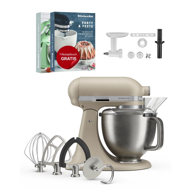 KitchenAid 4,7 L 5KSM50 Artisan Plus Küchenmaschine Cookielover mit Fleischwolf + Spritzgebäckvorsatz-Oat (Hafer)