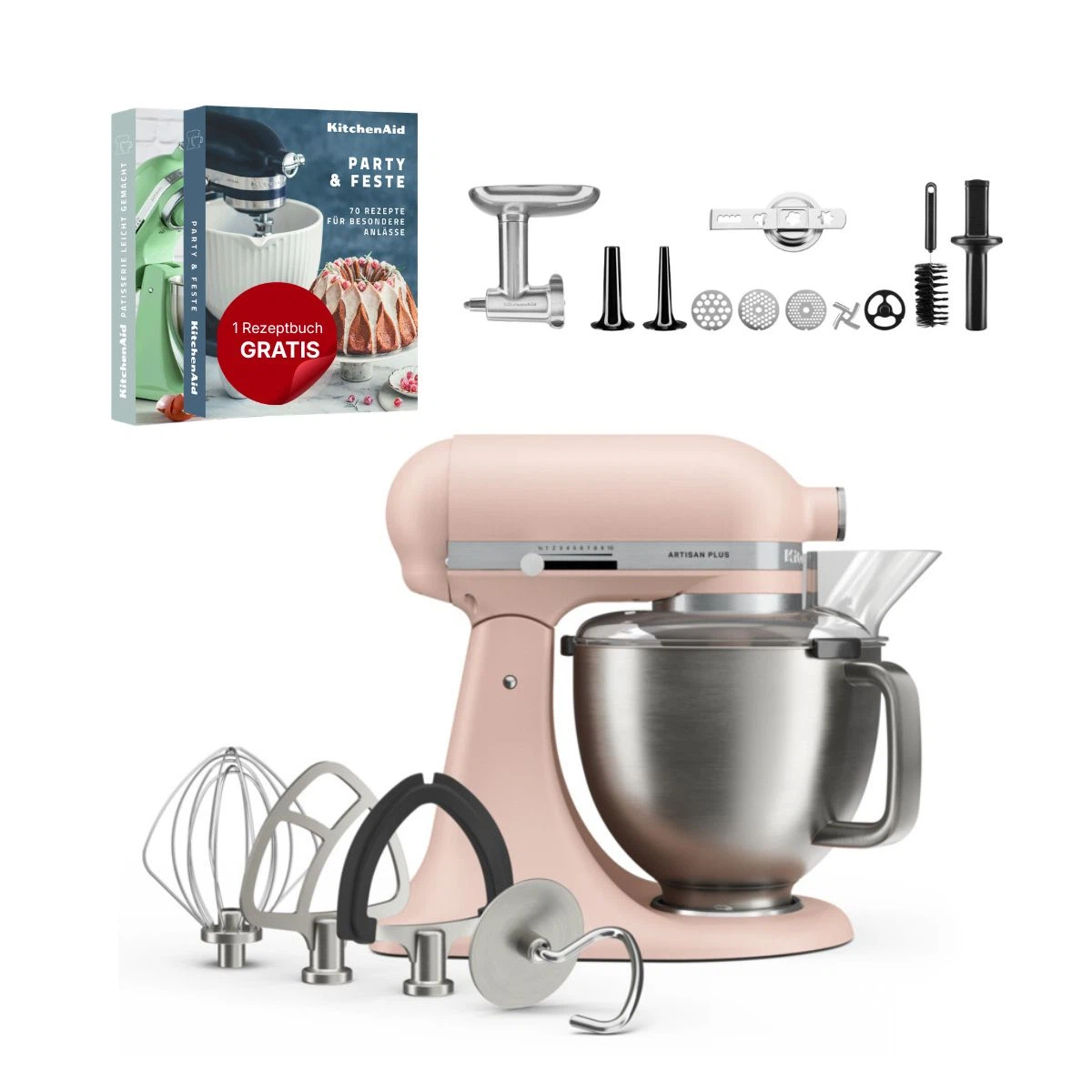 KitchenAid 4,7 L 5KSM50 Artisan Plus Küchenmaschine Meatlover mit Metallfleischwolf + Spritzgebäckvorsatz-Feather Pink