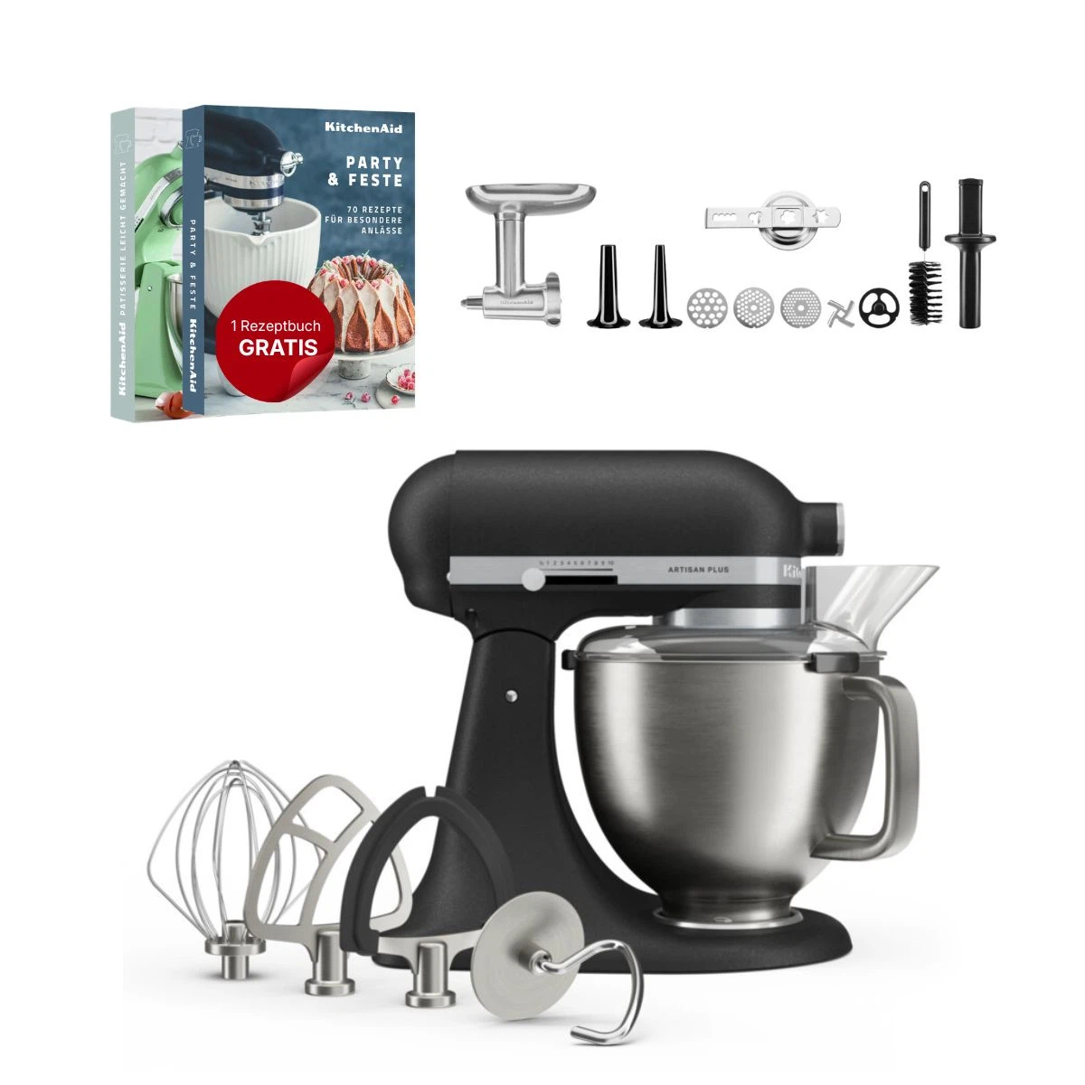 KitchenAid 4,8 L 5KSM50 Artisan Plus Küchenmaschine Meatlover mit Metallfleischwolf + Spritzgebäckvorsatz-Gusseisen Schwarz