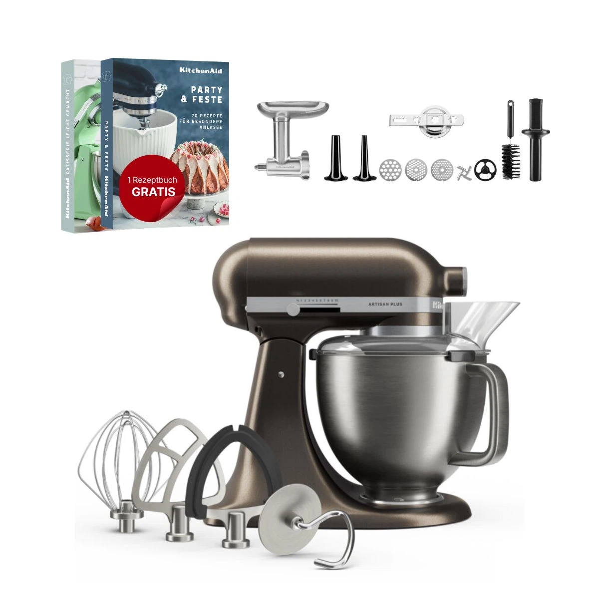 KitchenAid 4,7 L 5KSM50 Artisan Plus Küchenmaschine Meatlover mit Metallfleischwolf + Spritzgebäckvorsatz-Iron ore (Bronze)