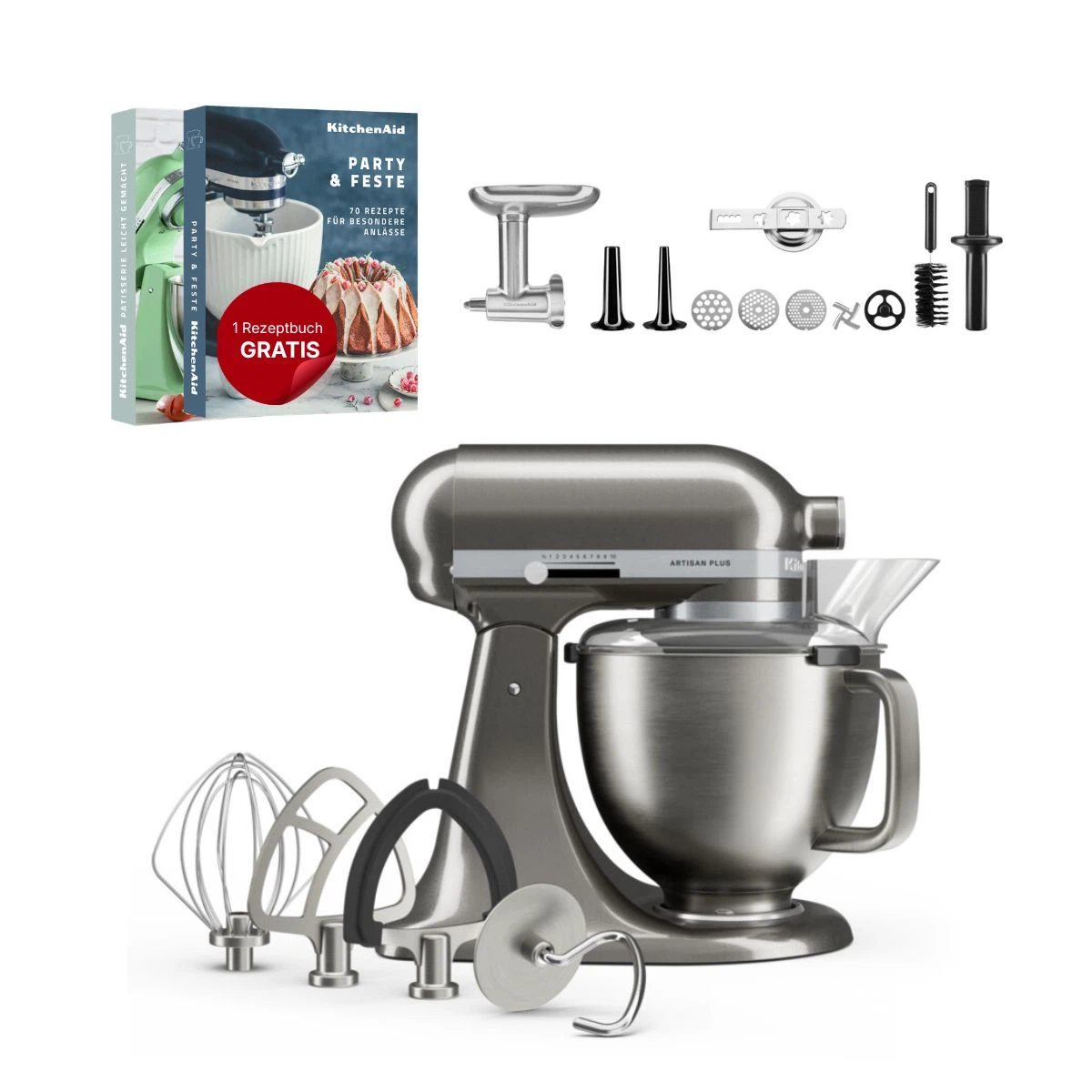 KitchenAid 4,7 L 5KSM50 Artisan Plus Küchenmaschine Meatlover mit Metallfleischwolf + Spritzgebäckvorsatz-Medaillon Silber
