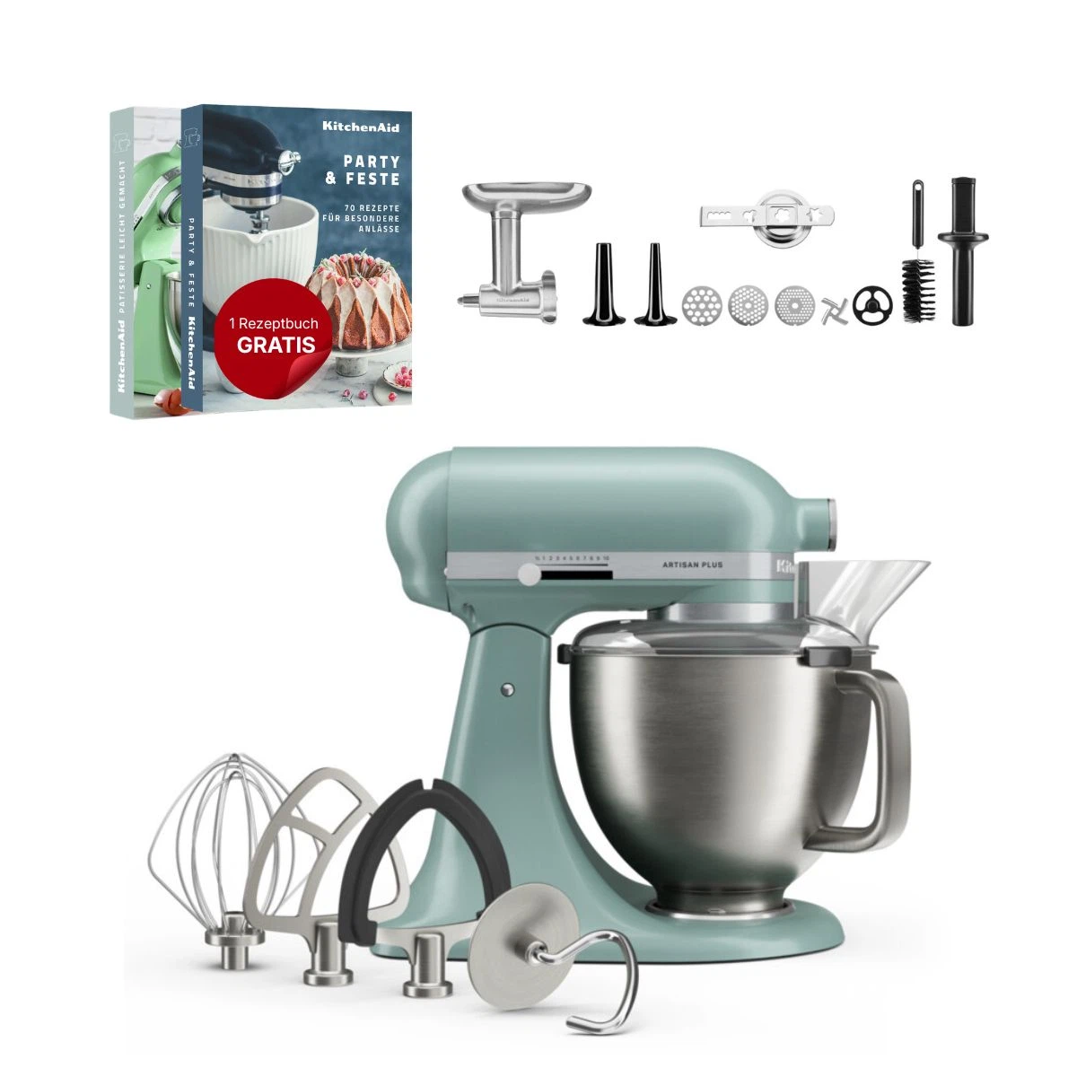 KitchenAid 4,7 L 5KSM50 Artisan Plus Küchenmaschine Meatlover mit Metallfleischwolf + Spritzgebäckvorsatz-Mint Julep