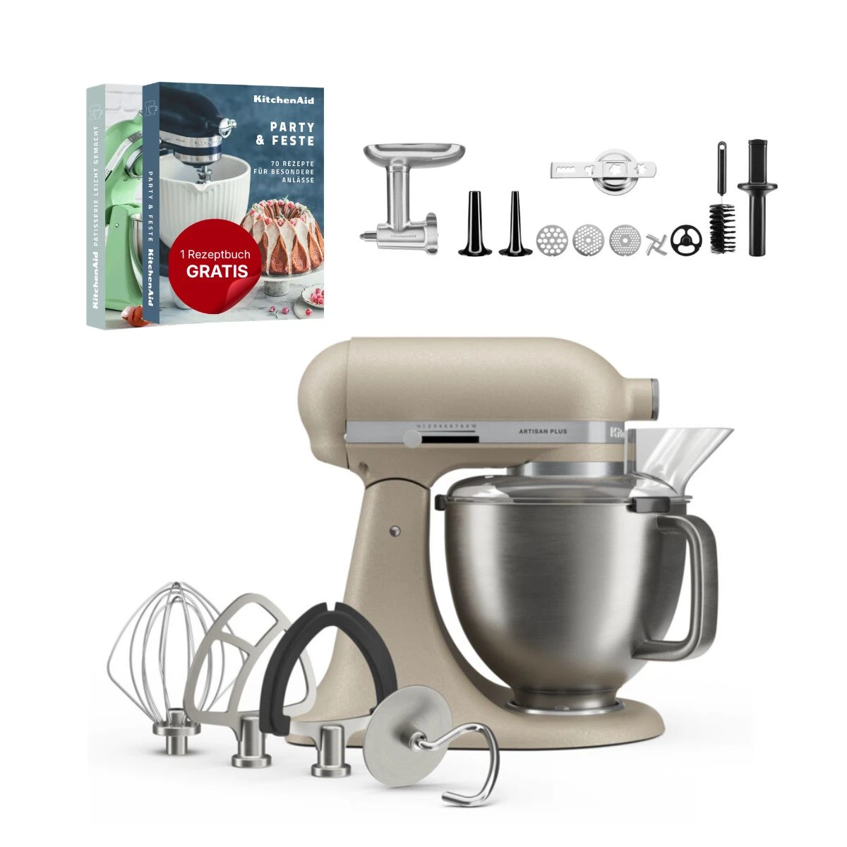 KitchenAid 4,7 L 5KSM50 Artisan Plus Küchenmaschine Meatlover mit Metallfleischwolf + Spritzgebäckvorsatz-Oat (Hafer)