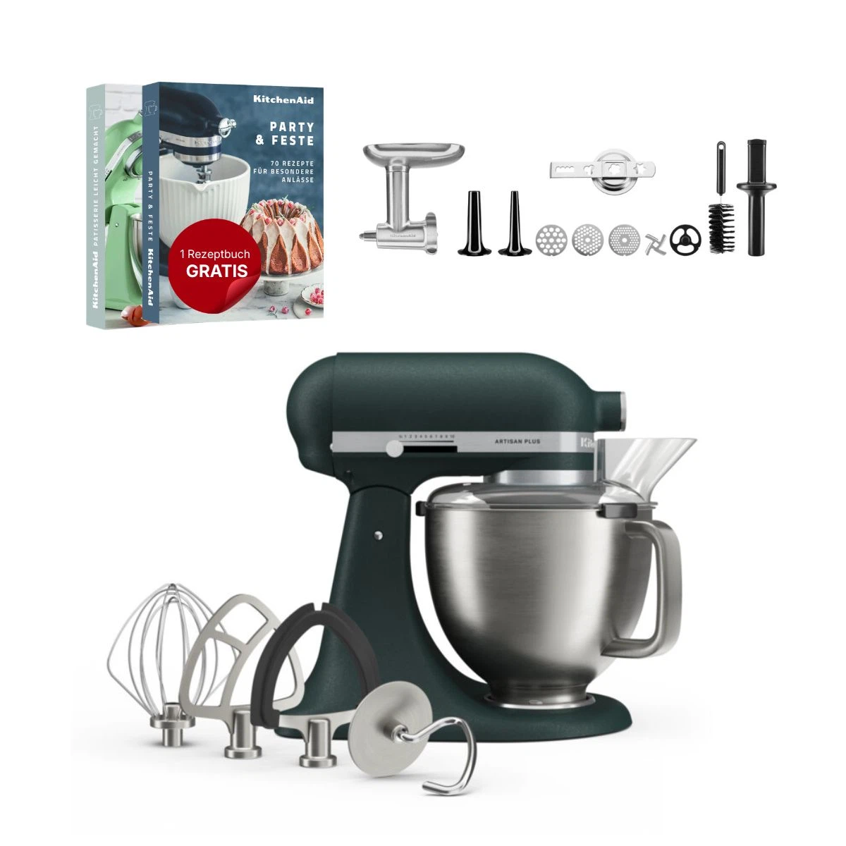KitchenAid 4,7 L 5KSM50 Artisan Plus Küchenmaschine Meatlover mit Metallfleischwolf + Spritzgebäckvorsatz-Pebbled Palm