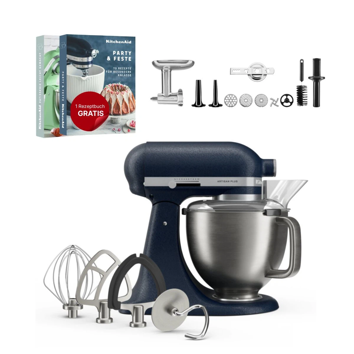 KitchenAid 4,7 L 5KSM50 Artisan Plus Küchenmaschine Meatlover mit Metallfleischwolf + Spritzgebäckvorsatz-Wild Blueberry (Wilde Blaubeere)