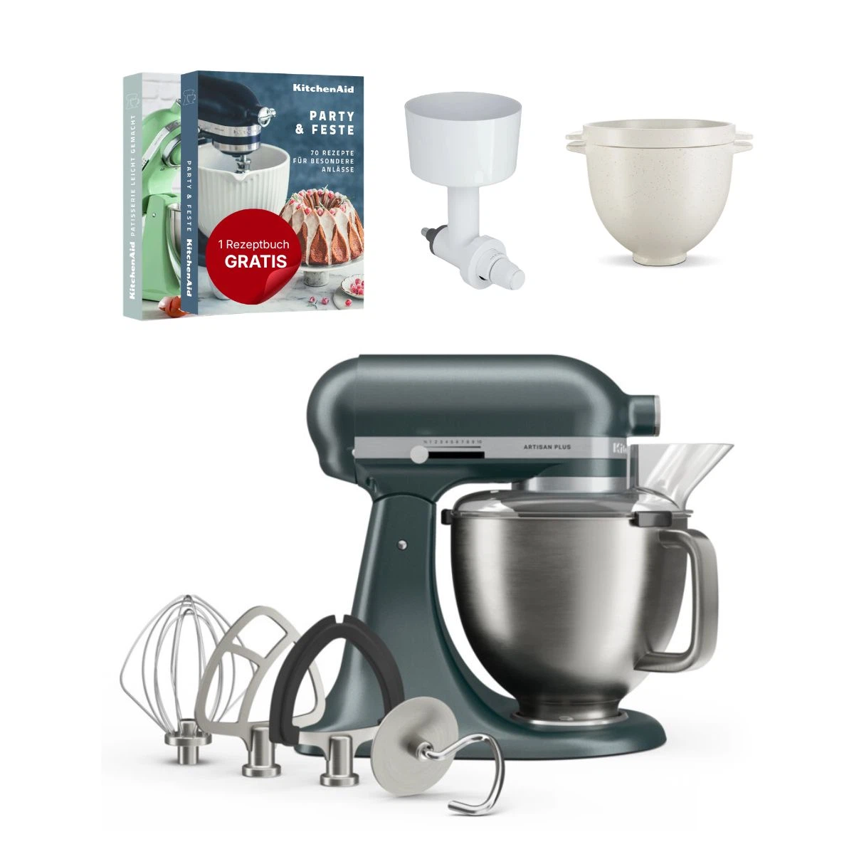KitchenAid 4,7 L 5KSM50 Artisan Plus Küchenmaschine Breadlover mit Messerschmidt Getreidemühlenvorsatz + Brotbackschüssel-Juniper (Wacholder)