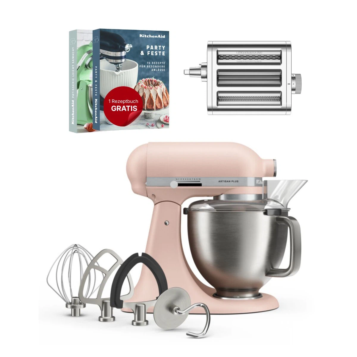 KitchenAid 4,7 L 5KSM50 Artisan Plus Küchenmaschine Pastalover mit 3-in-1 Nudelvorsatz-Feather Pink