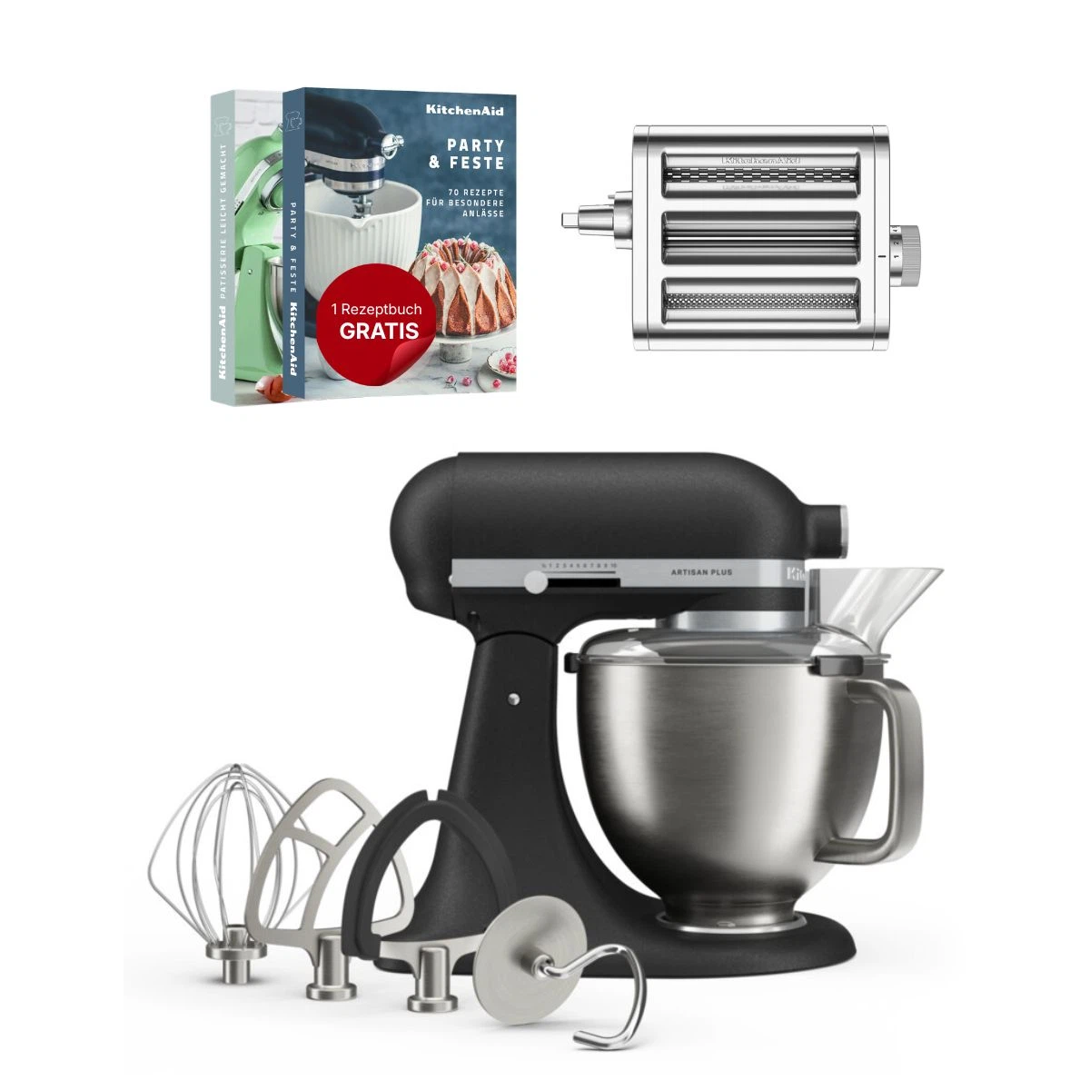 KitchenAid 4,7 L 5KSM50 Artisan Plus Küchenmaschine Pastalover mit 3-in-1 Nudelvorsatz-Gusseisen Schwarz