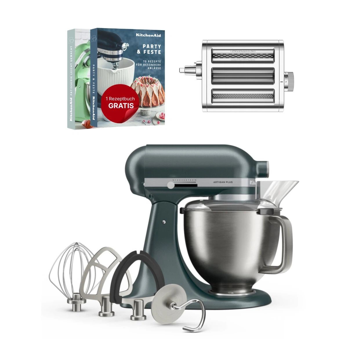 KitchenAid 4,7 L 5KSM50 Artisan Plus Küchenmaschine Pastalover mit 3-in-1 Nudelvorsatz-Juniper (Wacholder)