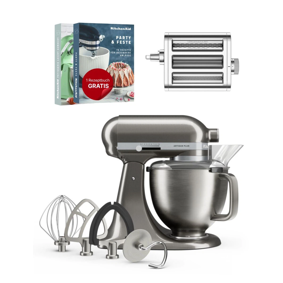 KitchenAid 4,7 L 5KSM50 Artisan Plus Küchenmaschine Pastalover mit 3-in-1 Nudelvorsatz-Medaillon Silber