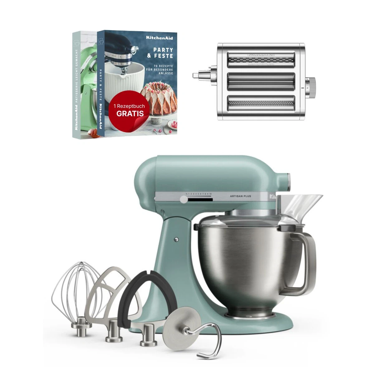 KitchenAid 4,7 L 5KSM50 Artisan Plus Küchenmaschine Pastalover mit 3-in-1 Nudelvorsatz-Mint Julep