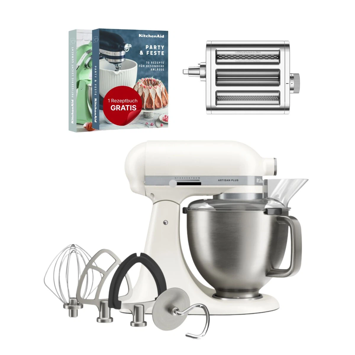 KitchenAid 4,7 L 5KSM50 Artisan Plus Küchenmaschine Pastalover mit 3-in-1 Nudelvorsatz-Porcelain White
