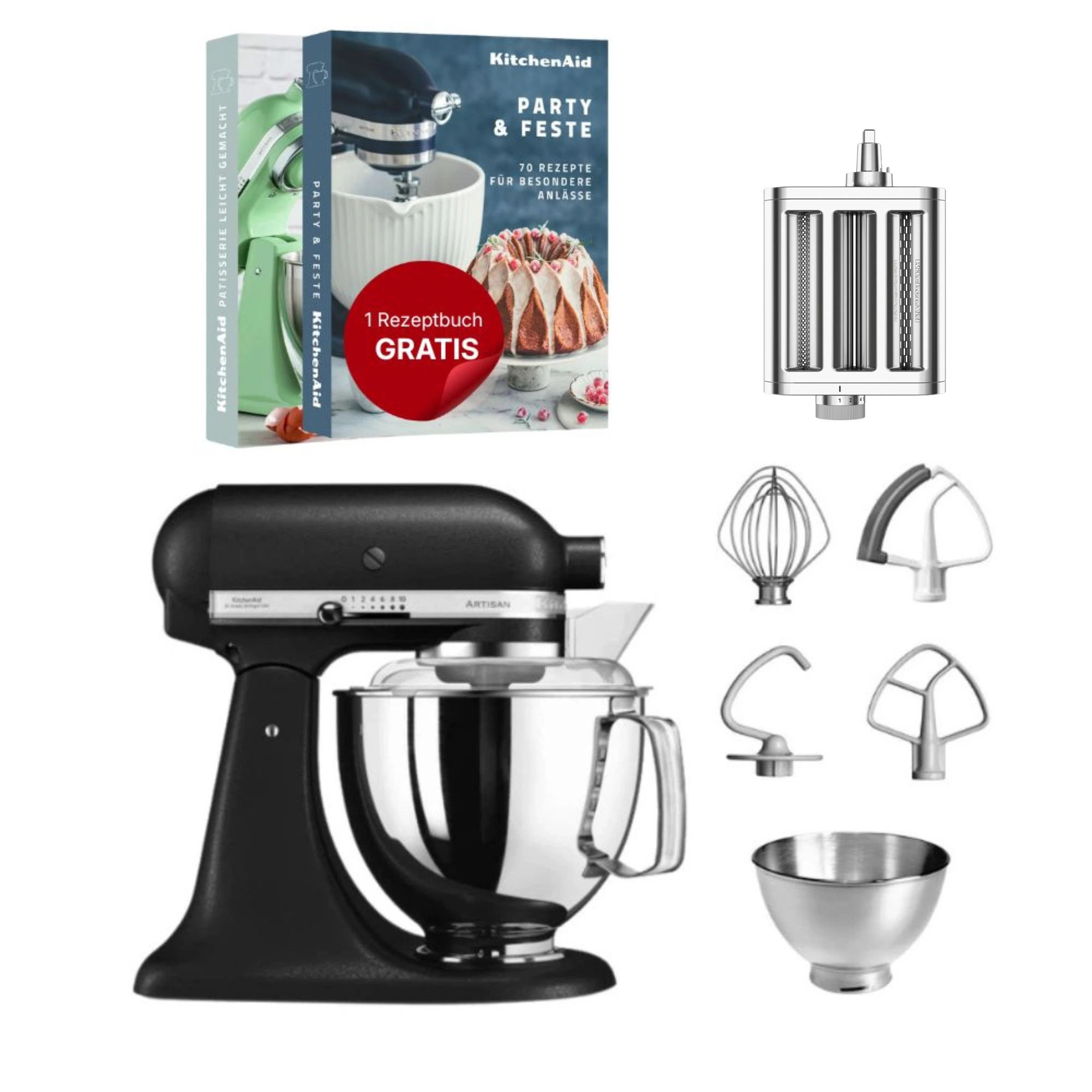 KitchenAid 4,8 L 5KSM175 Artisan Küchenmaschine Pastalover mit 3-in-1 Nudelvorsatz-Gusseisen Schwarz