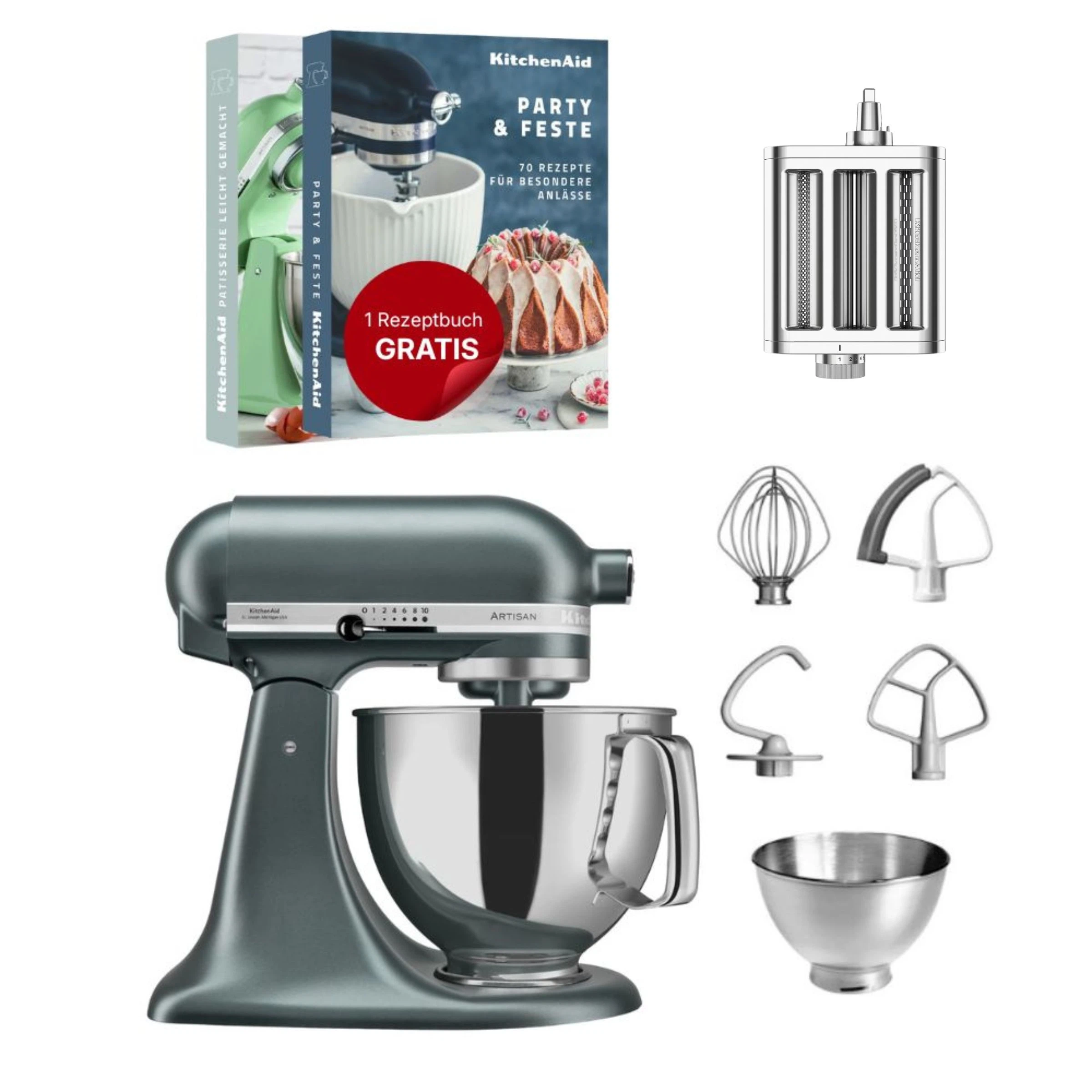KitchenAid 4,8 L 5KSM175 Artisan Küchenmaschine Pastalover mit 3-in-1 Nudelvorsatz-Juniper (Wacholder)