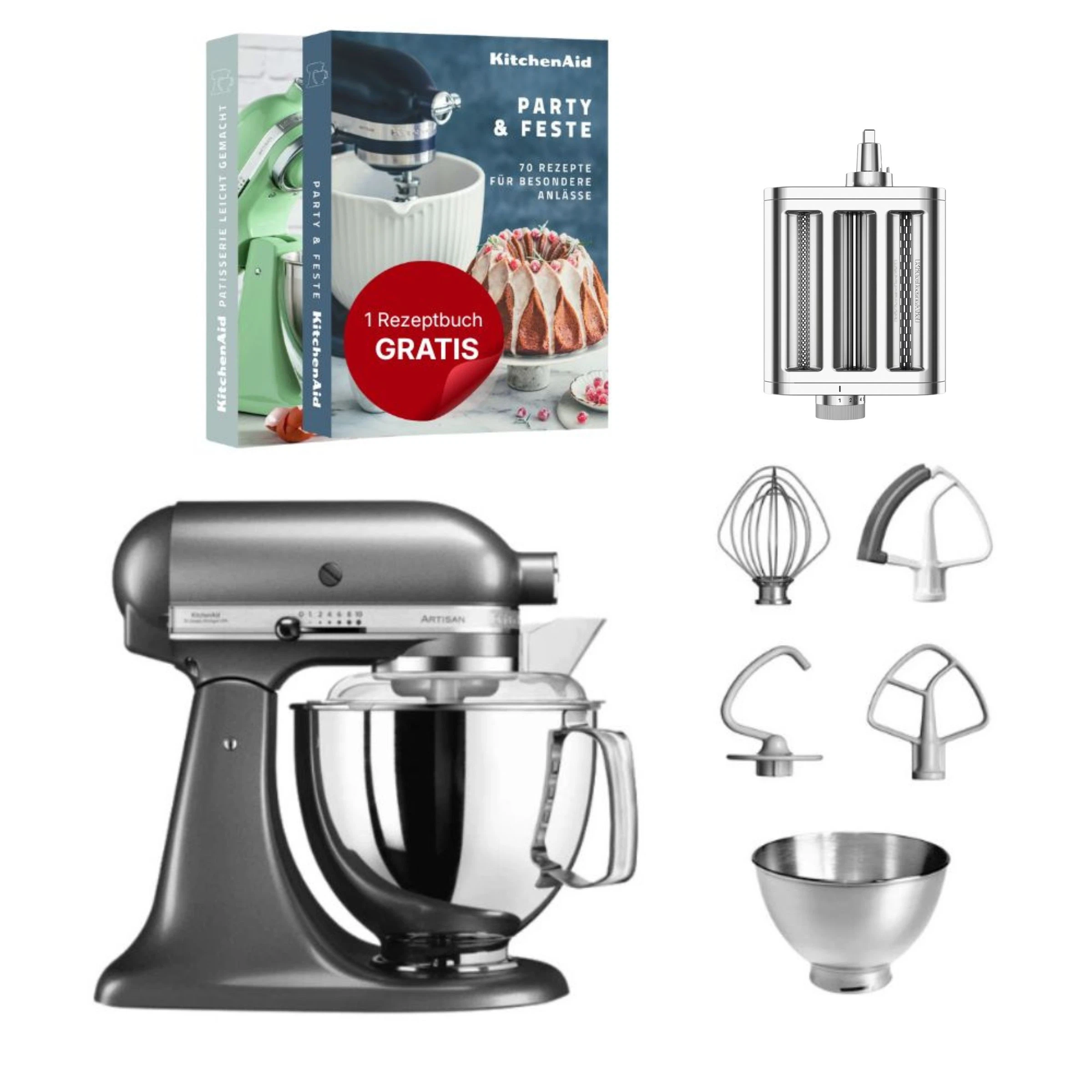 KitchenAid 4,8 L 5KSM175 Artisan Küchenmaschine Pastalover mit 3-in-1 Nudelvorsatz-Medaillon Silber