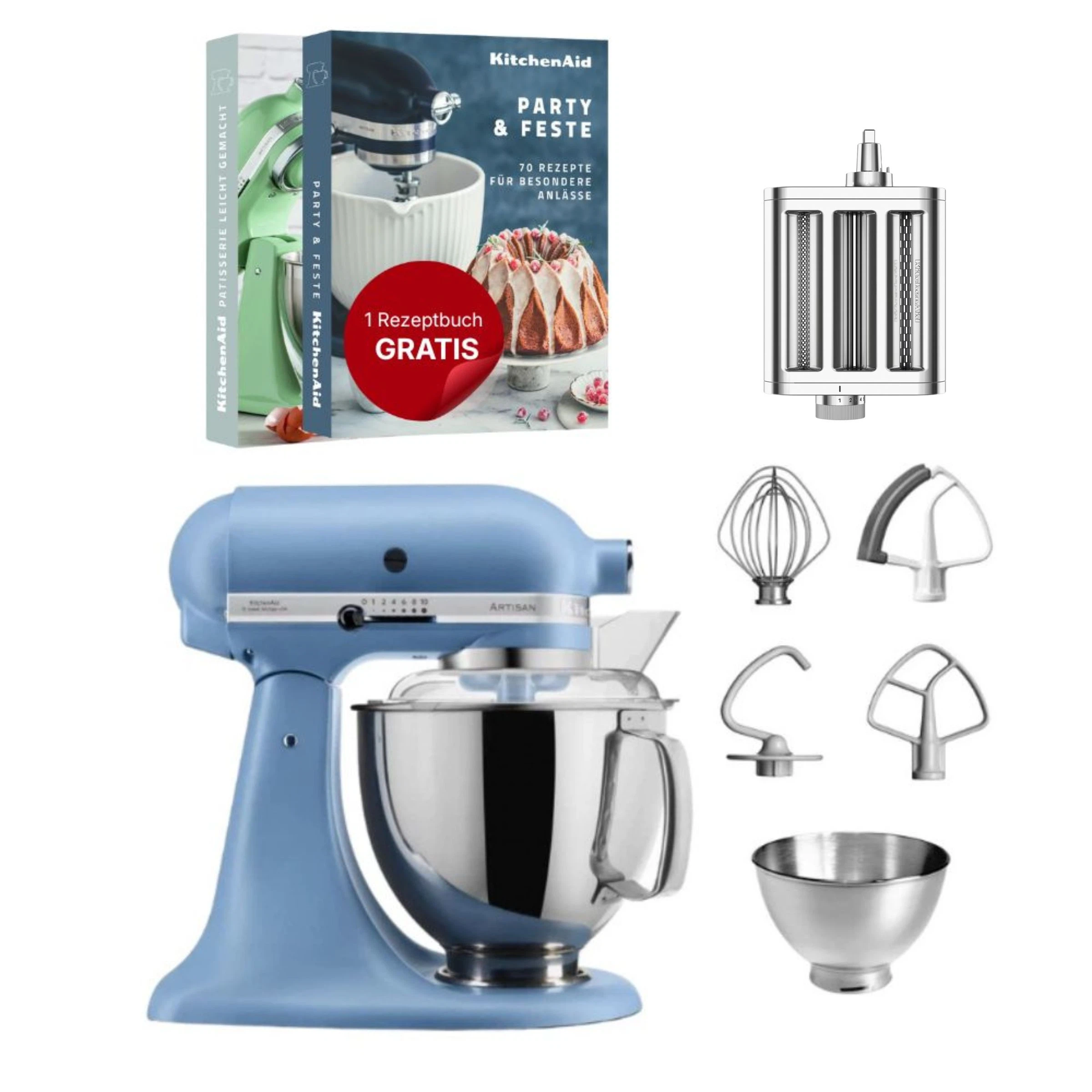 KitchenAid 4,8 L 5KSM175 Artisan Küchenmaschine Pastalover mit 3-in-1 Nudelvorsatz-Velvet Blue