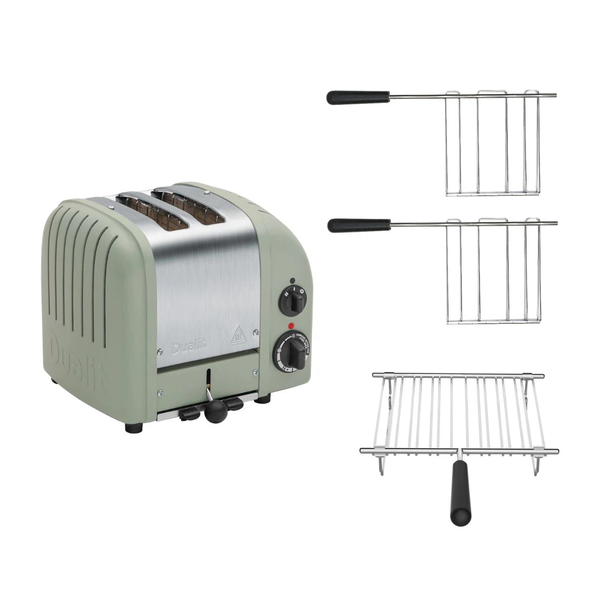 Dualit Toaster Paket 3, 2er Toaster mit zwei Sandwichzangen und Brötchenaufsatz-Sage green