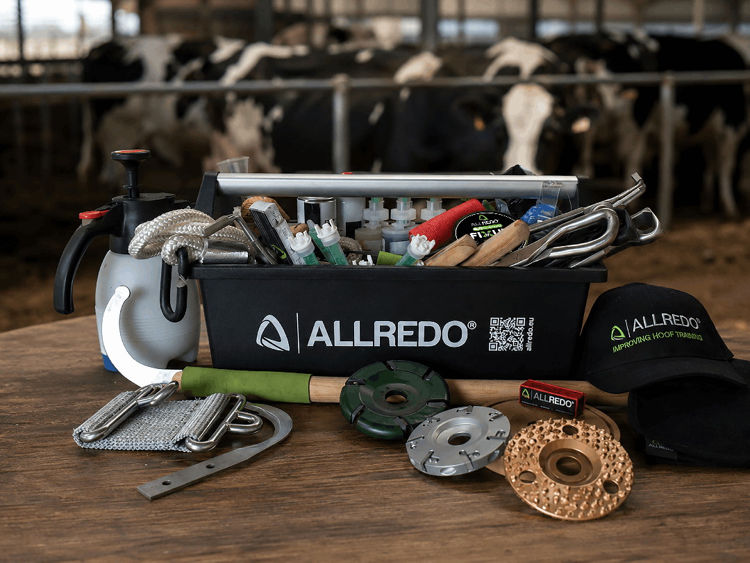 ALLREDO Werkzeugkiste mit Klauenmessern, Klauenscheiben, Klauenzangen, Winkelschleifer und Zubehör für Klauenpfleger